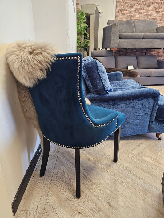 Blue Velvet Studded Bedroom Chair with Sheepskin Throw & Leopard Cushion @#