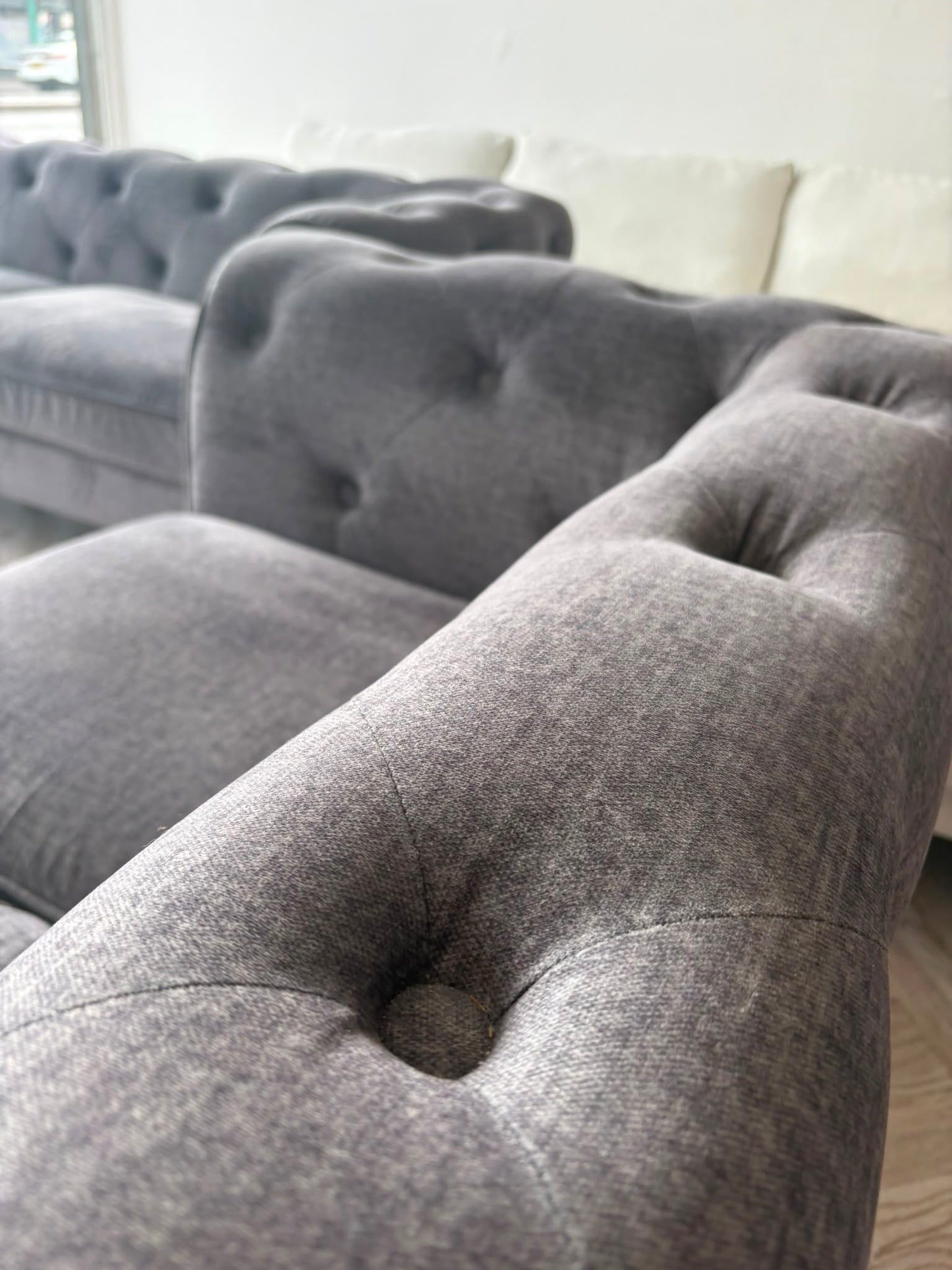 Dusk Grey Soft Fabric Chesterfield 3 & 2 Seater Sofas @