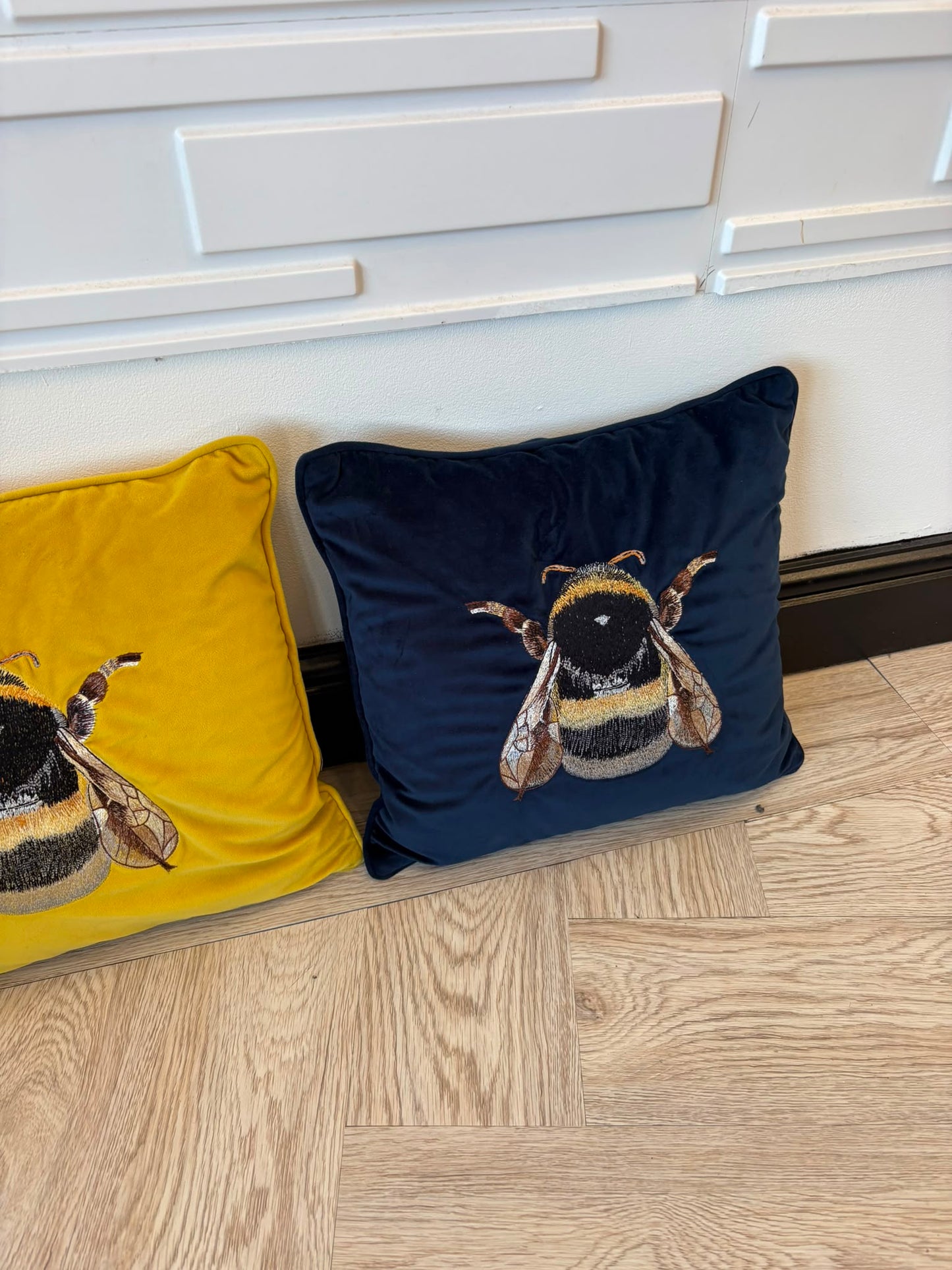 Dunelm Pair of Medium Contrasting Blue & Mustard Velvet Bumblebee Cushions 40cm by 40cm
