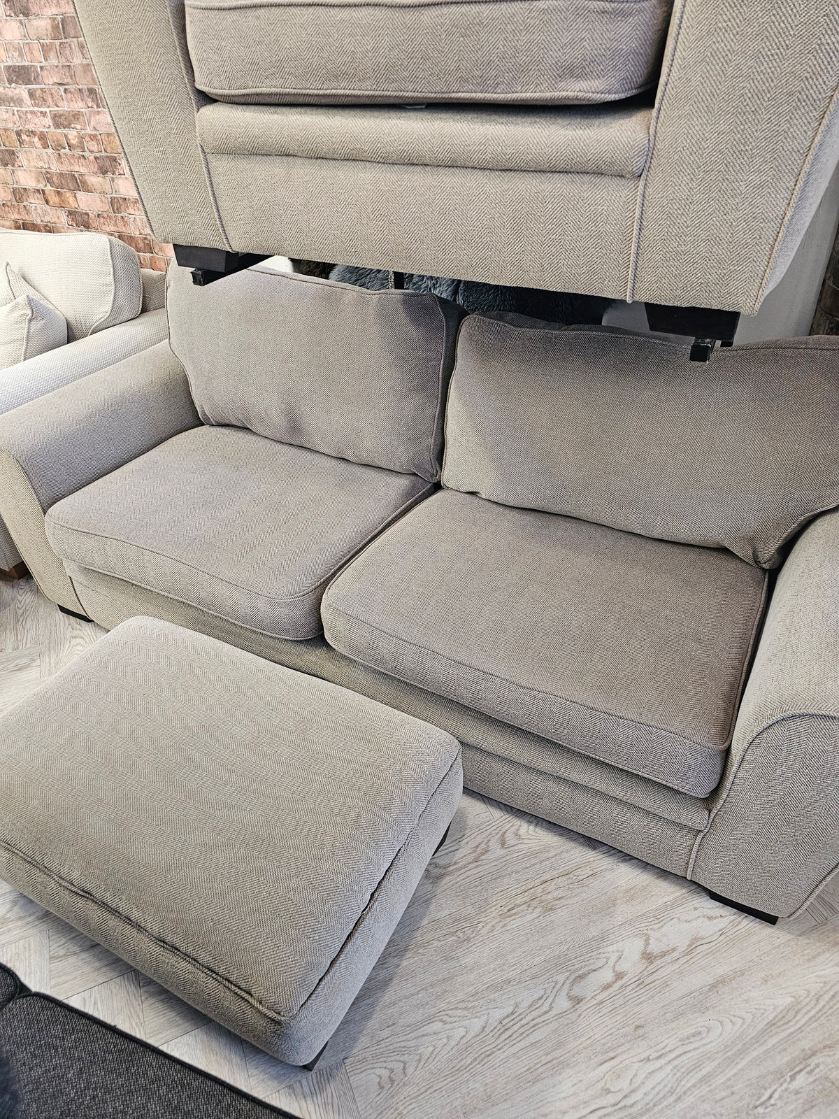 CLEARANCE Sofology Chalfont 3 Seater Sofa, Chair & Footstool in Beige/Taupe @