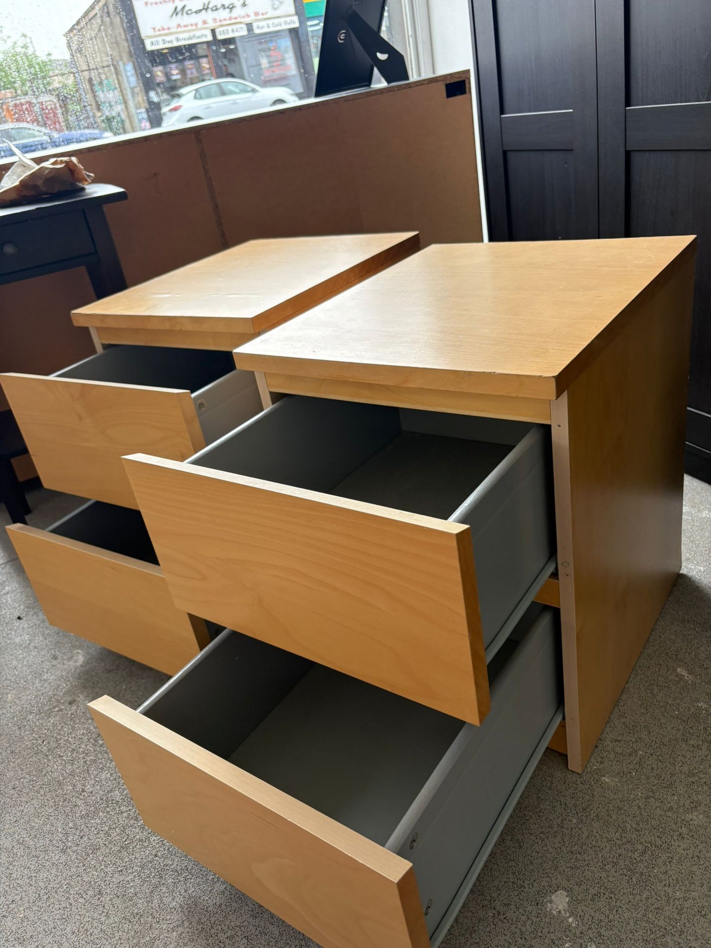 Ikea Malm Oak 2 Drawer Bedside Chests x 2 (1 has slight surface damage)