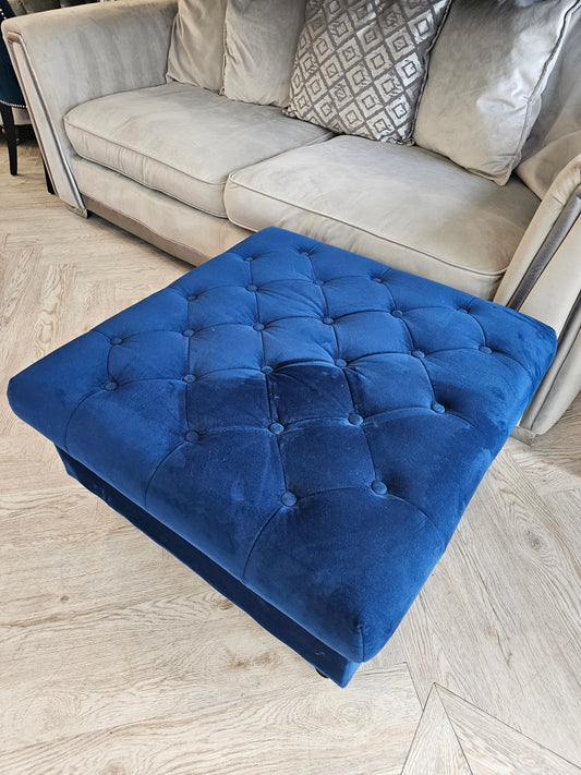 Large Blue Velvet Ottoman Footstool 80cm by 80cm by 45cm @