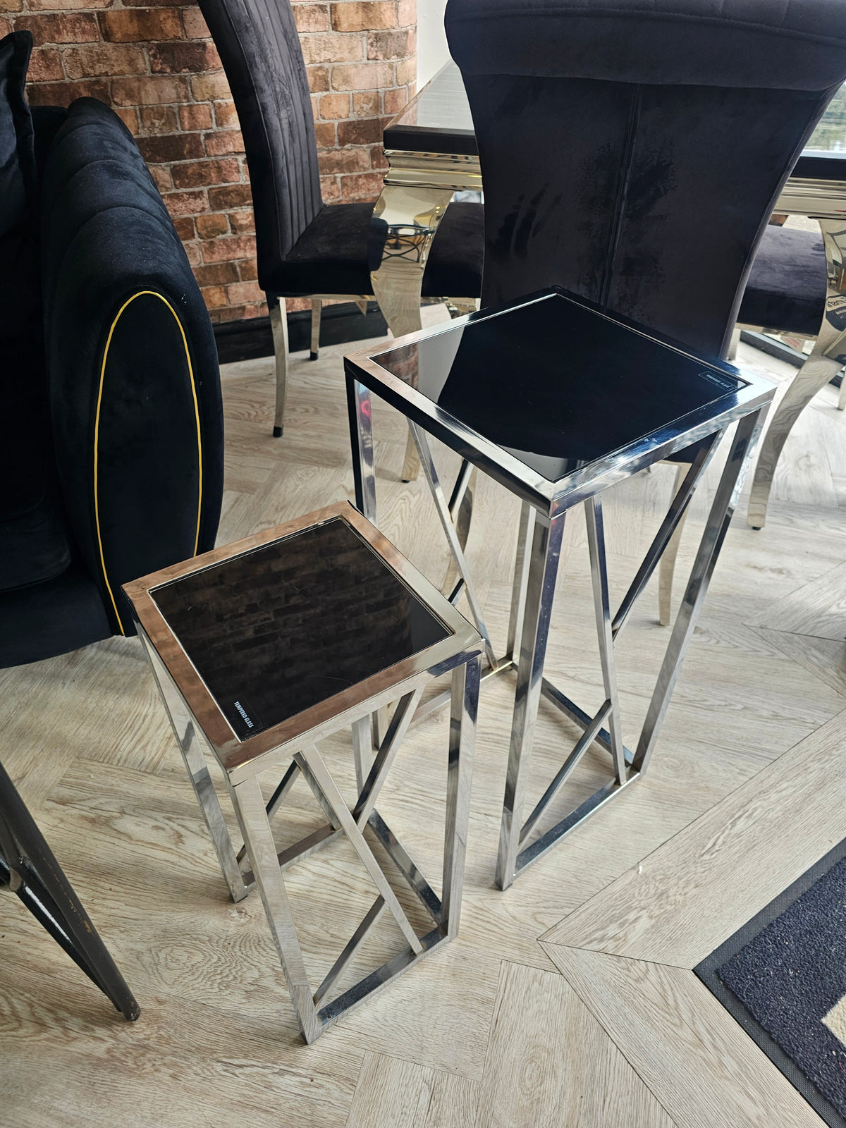 Tall Side Tables/ Plant Stands in Chrome & Black Glass @