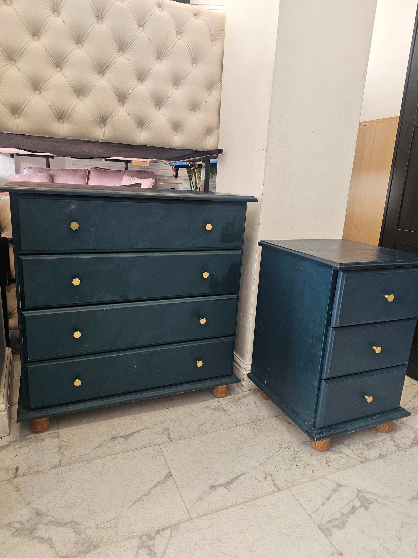 Painted Blue 4 Drawer Chest & 3 Drawer Bedside Chest A