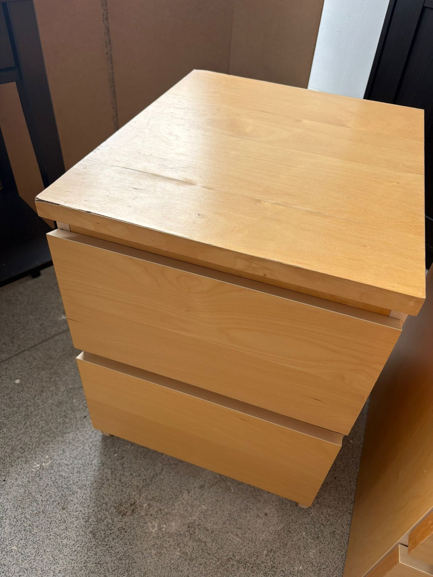 Ikea Malm Oak 2 Drawer Bedside Chests x 2 (1 has slight surface damage)