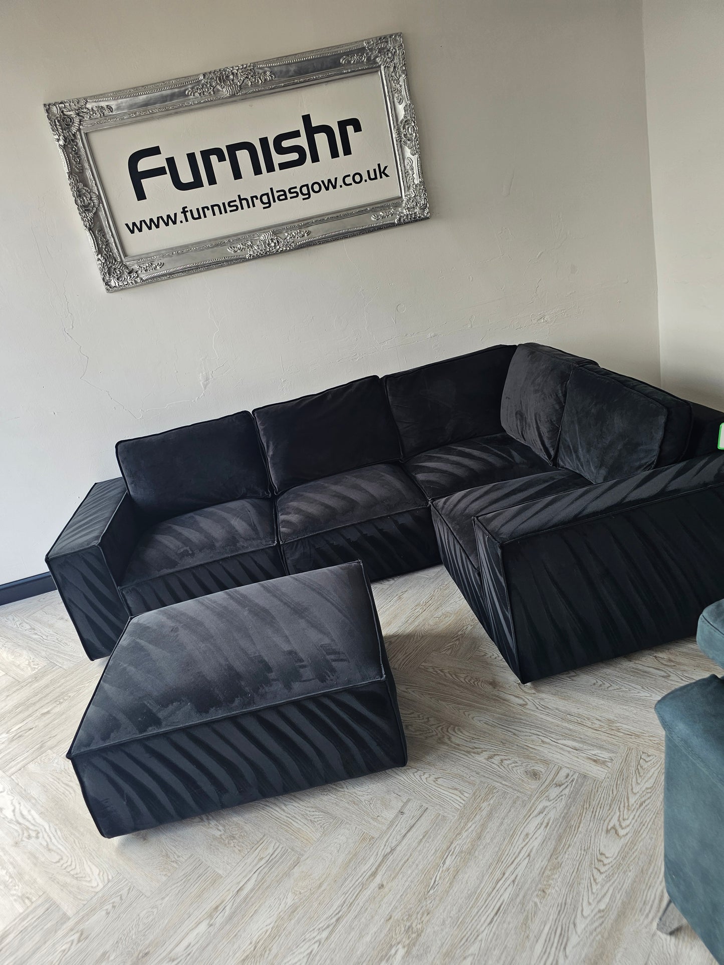 DUSK Black Plush Velvet Corner Sofa & Footstool #