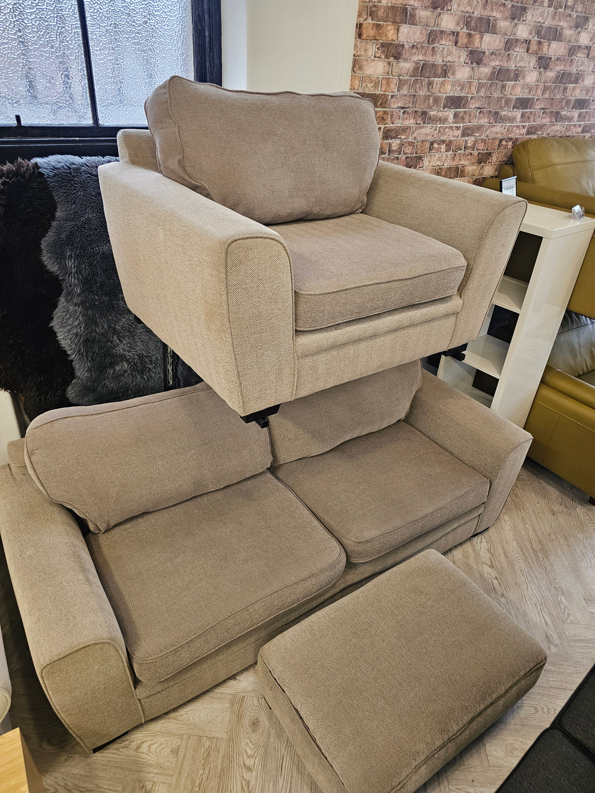 CLEARANCE Sofology Chalfont 3 Seater Sofa, Chair & Footstool in Beige/Taupe @