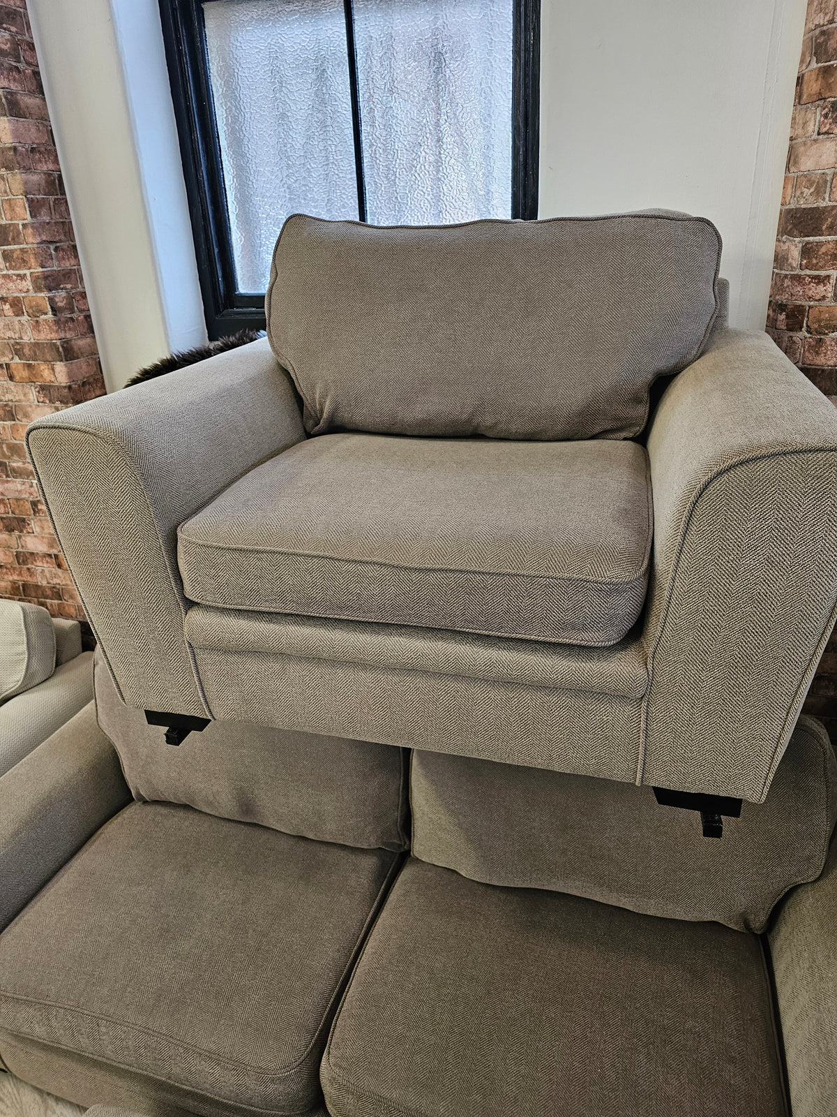 CLEARANCE Sofology Chalfont 3 Seater Sofa, Chair & Footstool in Beige/Taupe @