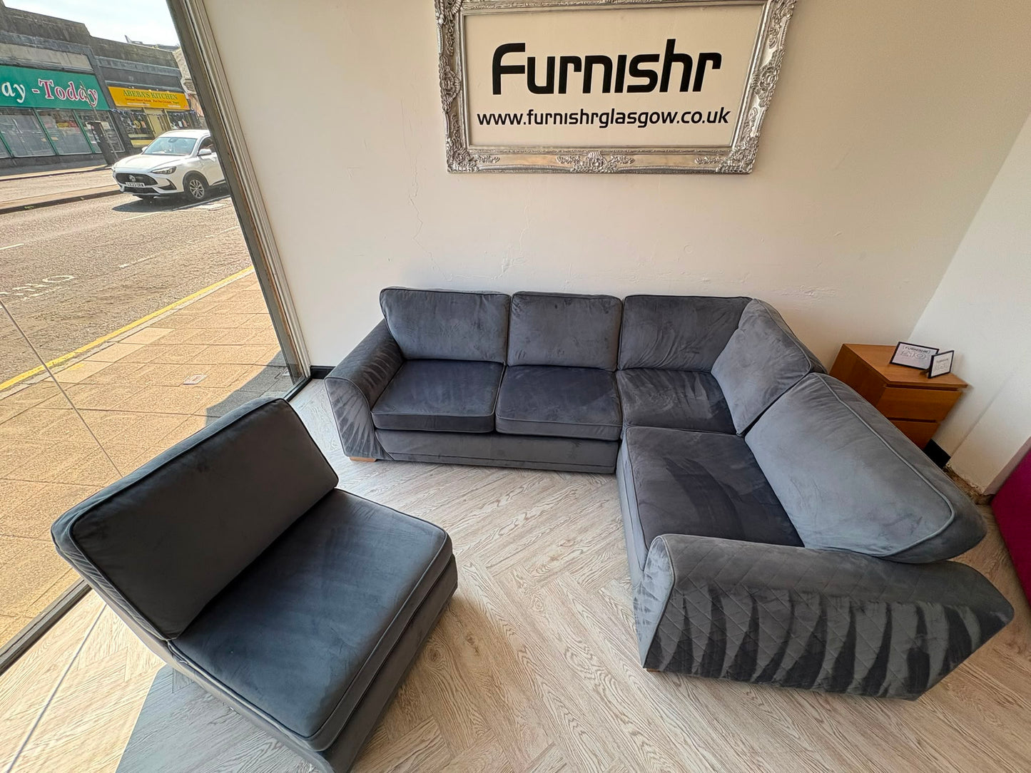 DFS Orka Large Corner Sofa, with removable extra section, in Denim Blue Sensual Velvet #