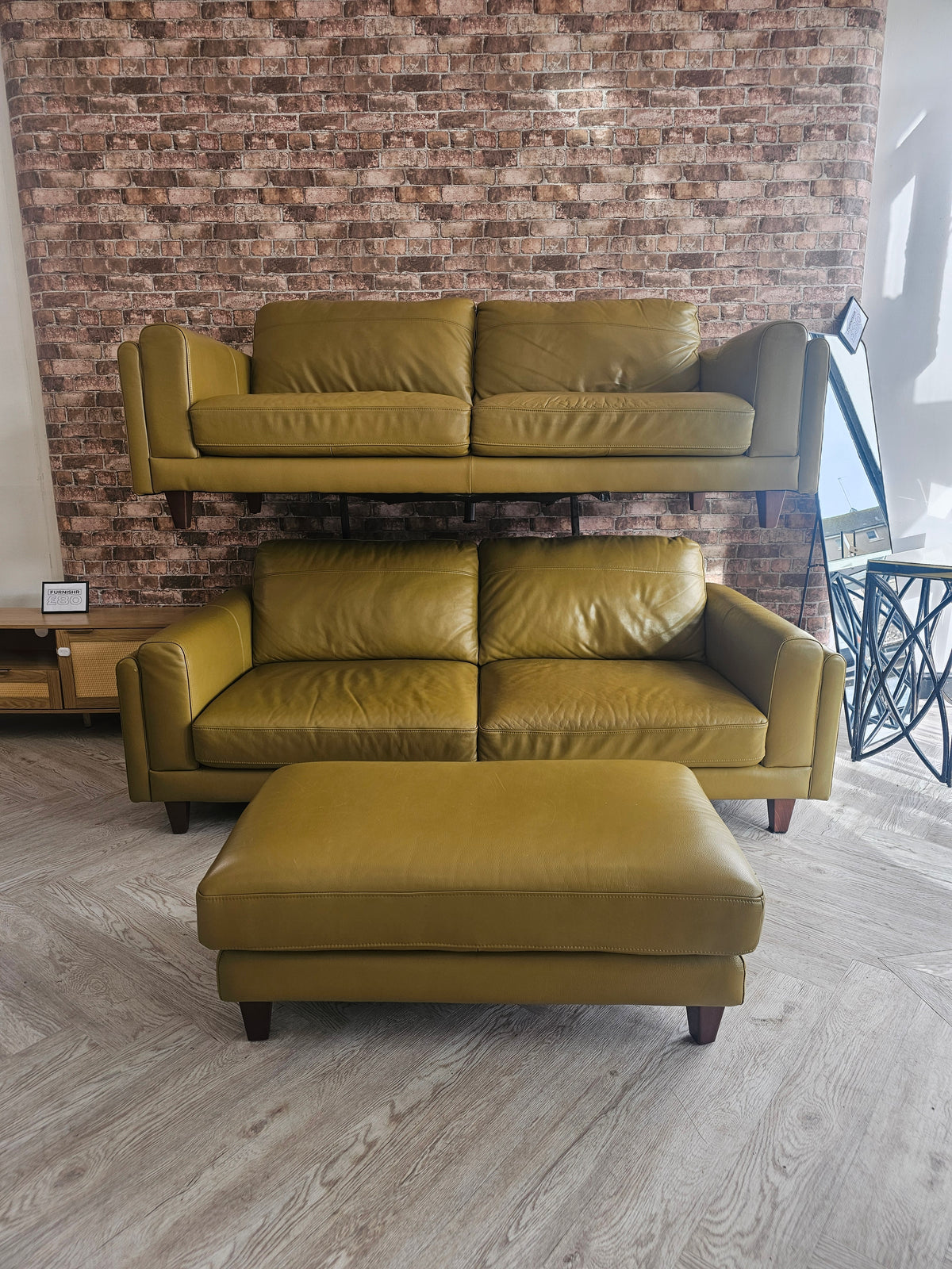 Olive Green Premium Italian Leather 2x3 Seater Sofas & Footstool *RRP £4000 @