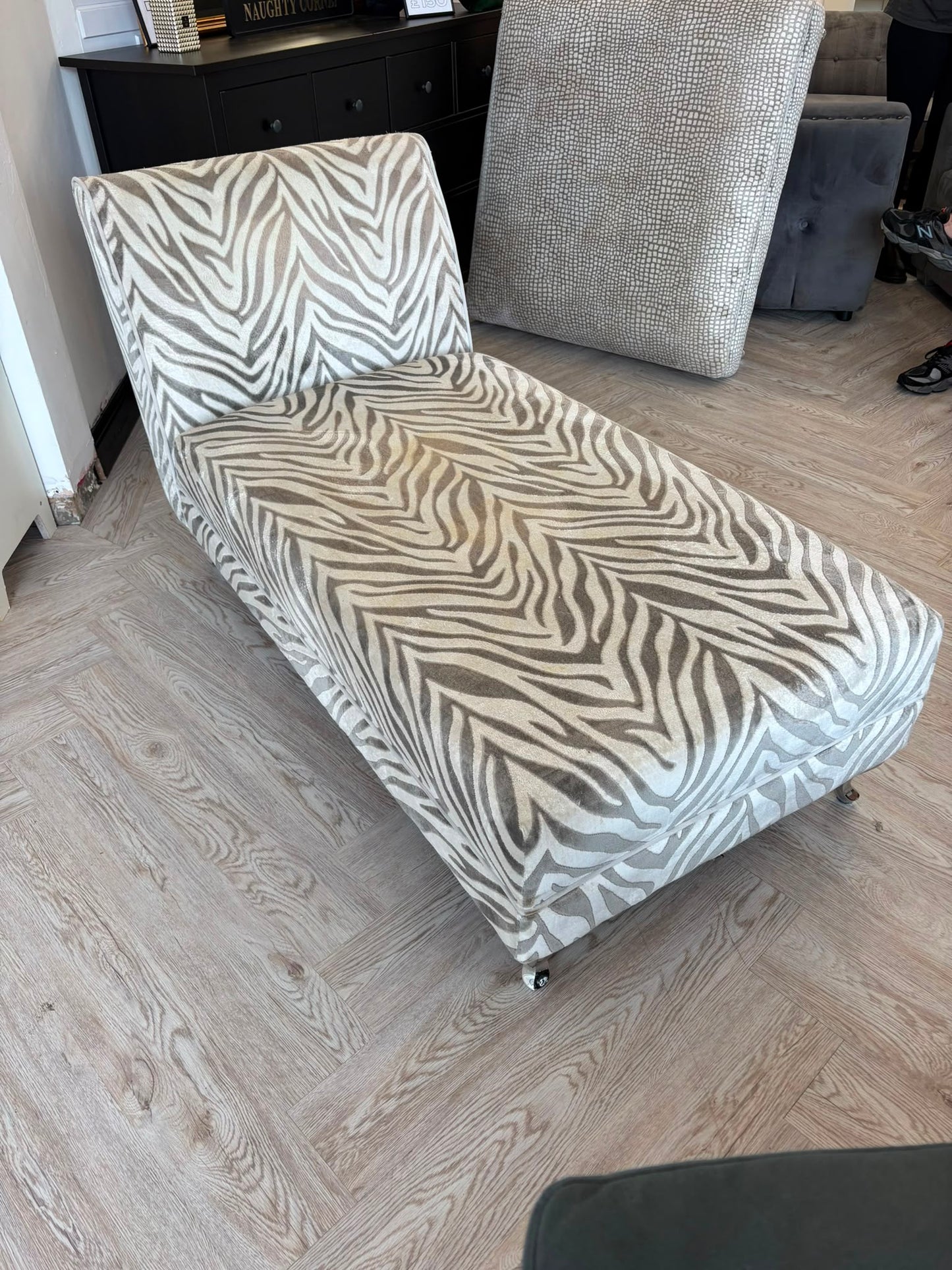 DFS Madagascar Zebra Print Chenille Chaise (cleaning required hence lower price)@