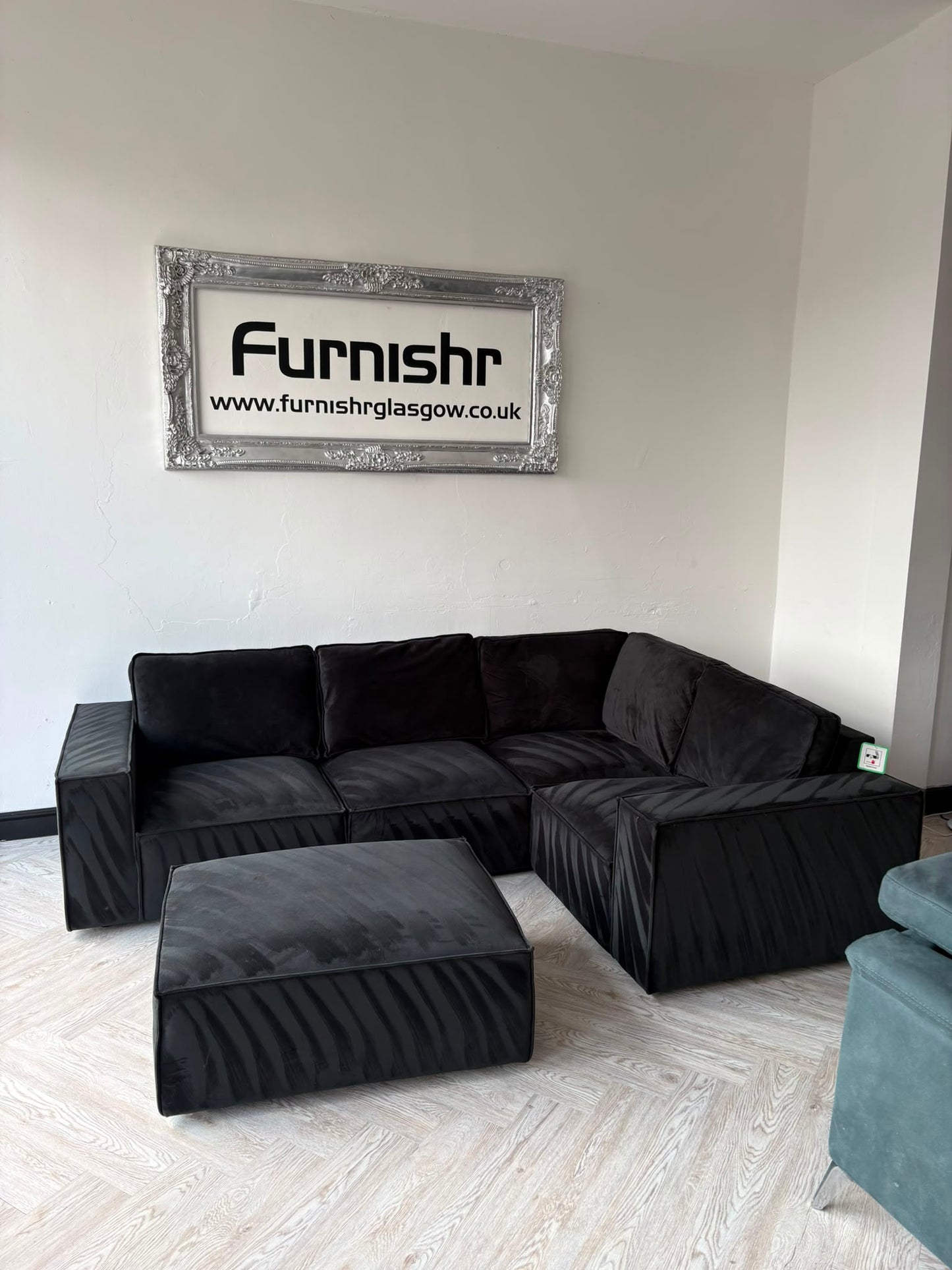 DUSK Black Plush Velvet Corner Sofa & Footstool #
