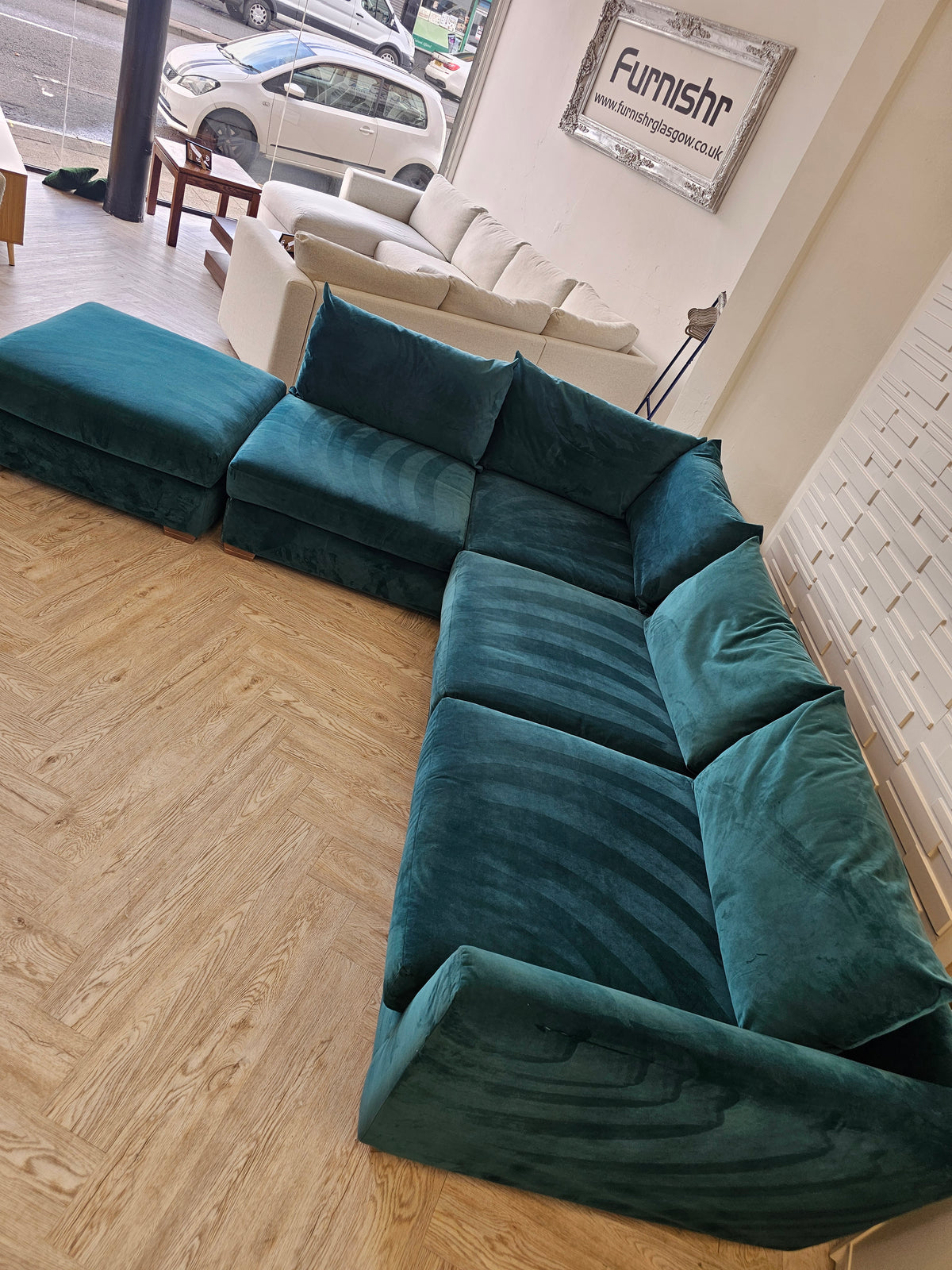 Teal Plush Corner Sofa & Footstool @#