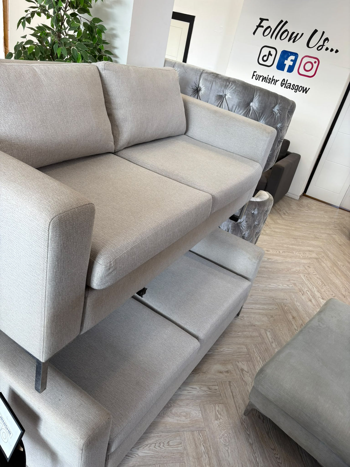 Contemporary Greige Fabric 2 x 2 Seater Sofas #