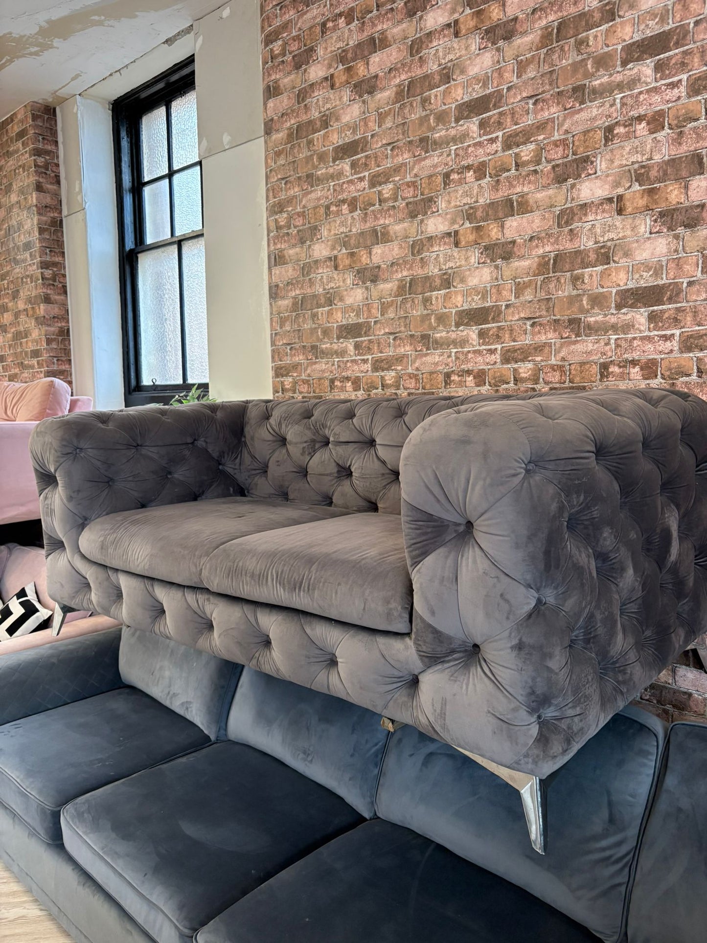 Bespoke Chesterfield Style, Light Grey Plush 2 Seater Sofa @#