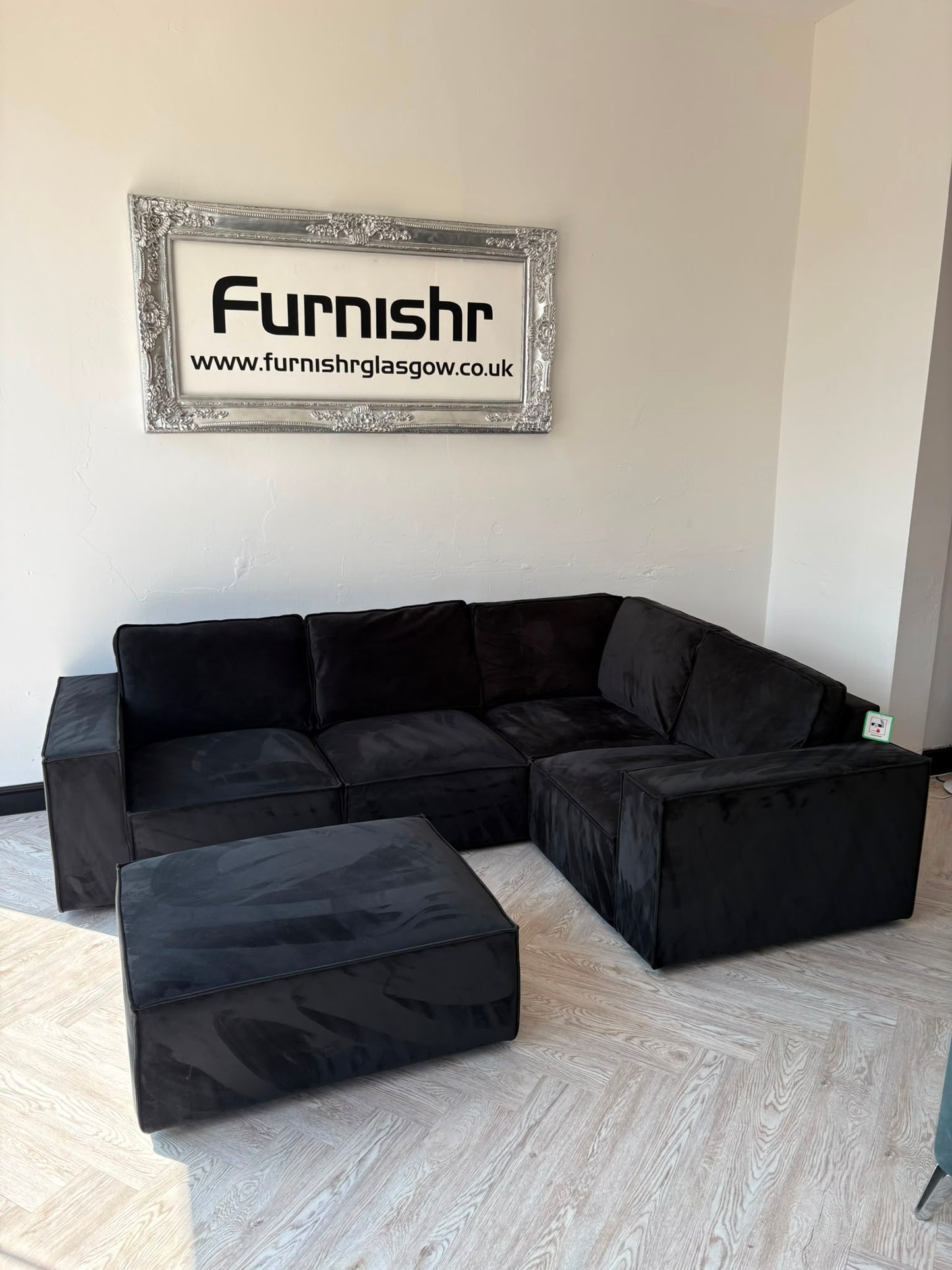 DUSK Black Plush Velvet Corner Sofa & Footstool #