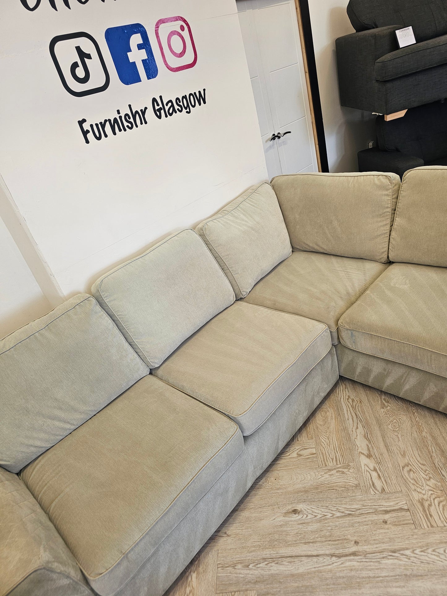DFS Greige Orka Corner Sofa (minor imperfections hence lower price)@