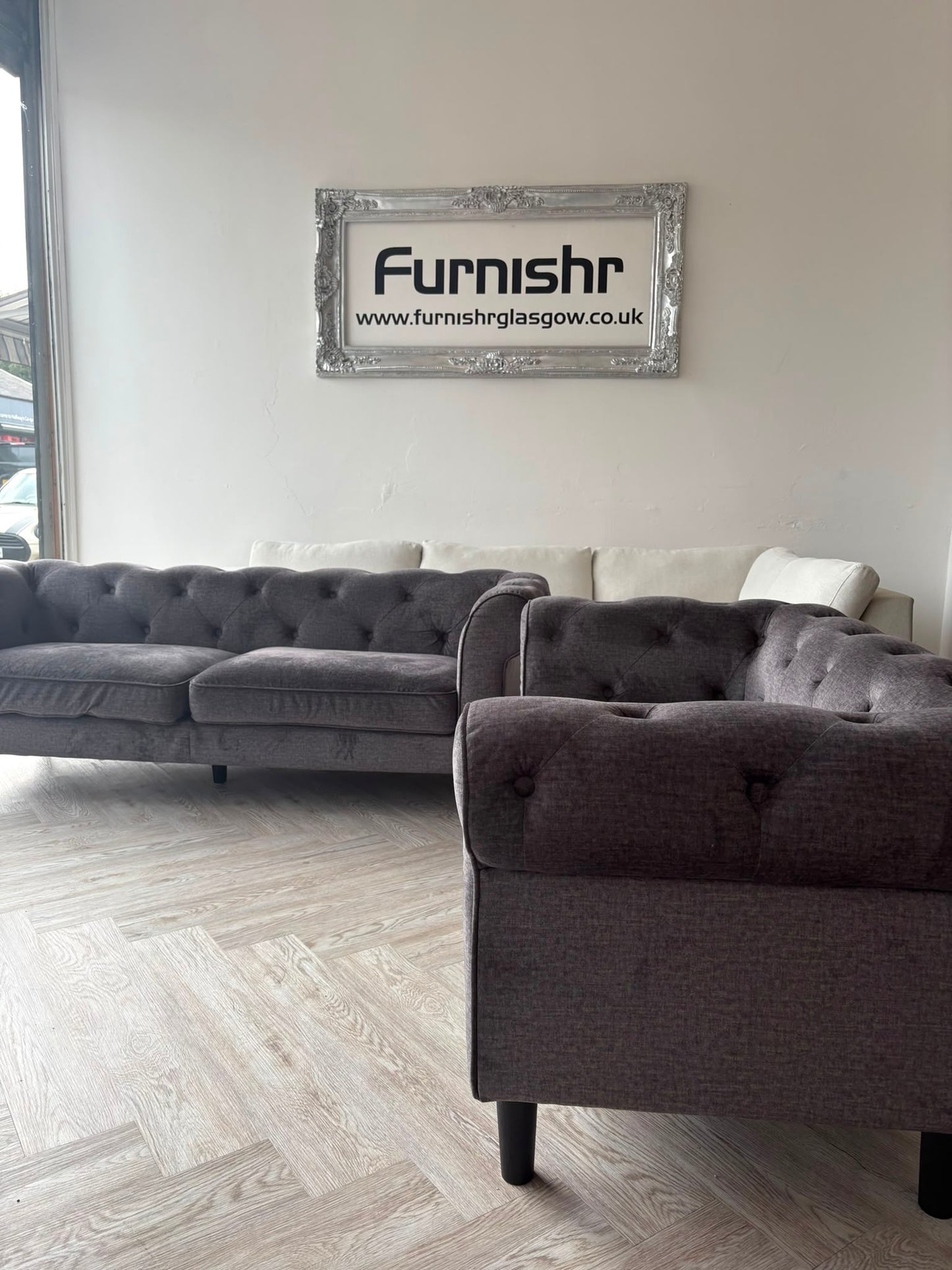 Dusk Grey Soft Fabric Chesterfield 3 & 2 Seater Sofas @