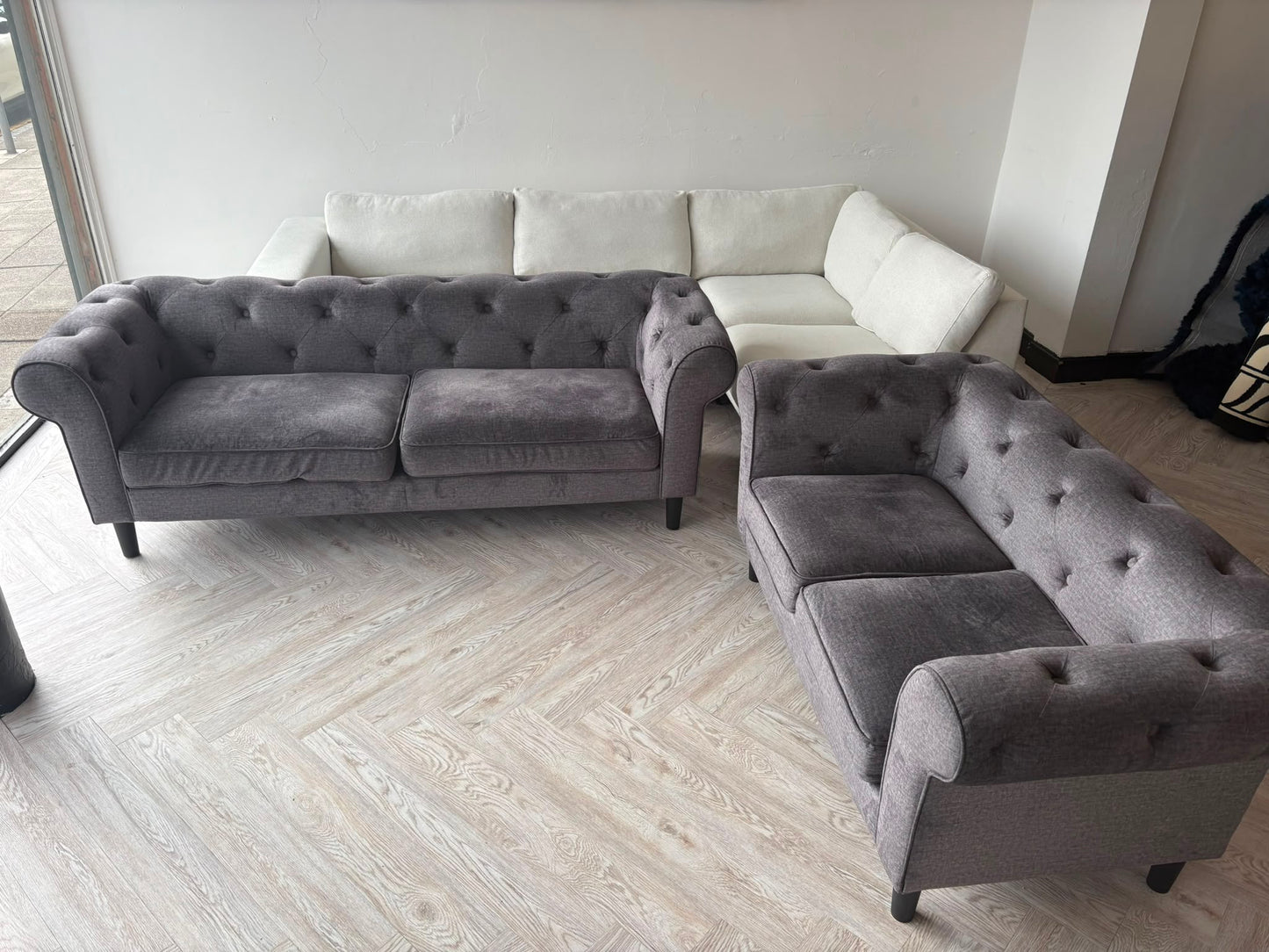 Dusk Grey Soft Fabric Chesterfield 3 & 2 Seater Sofas @