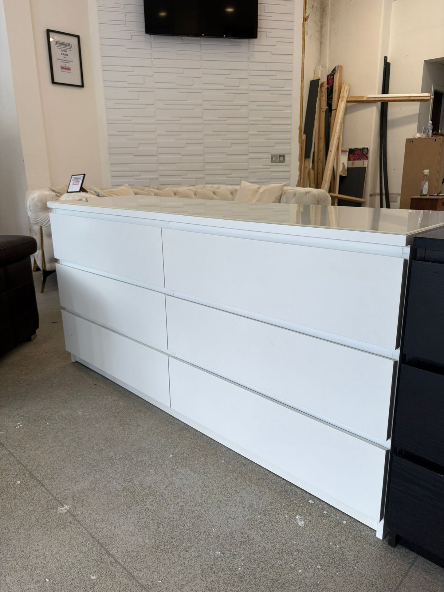Ikea Malm White 6 Drawer Chest with Glass Top T