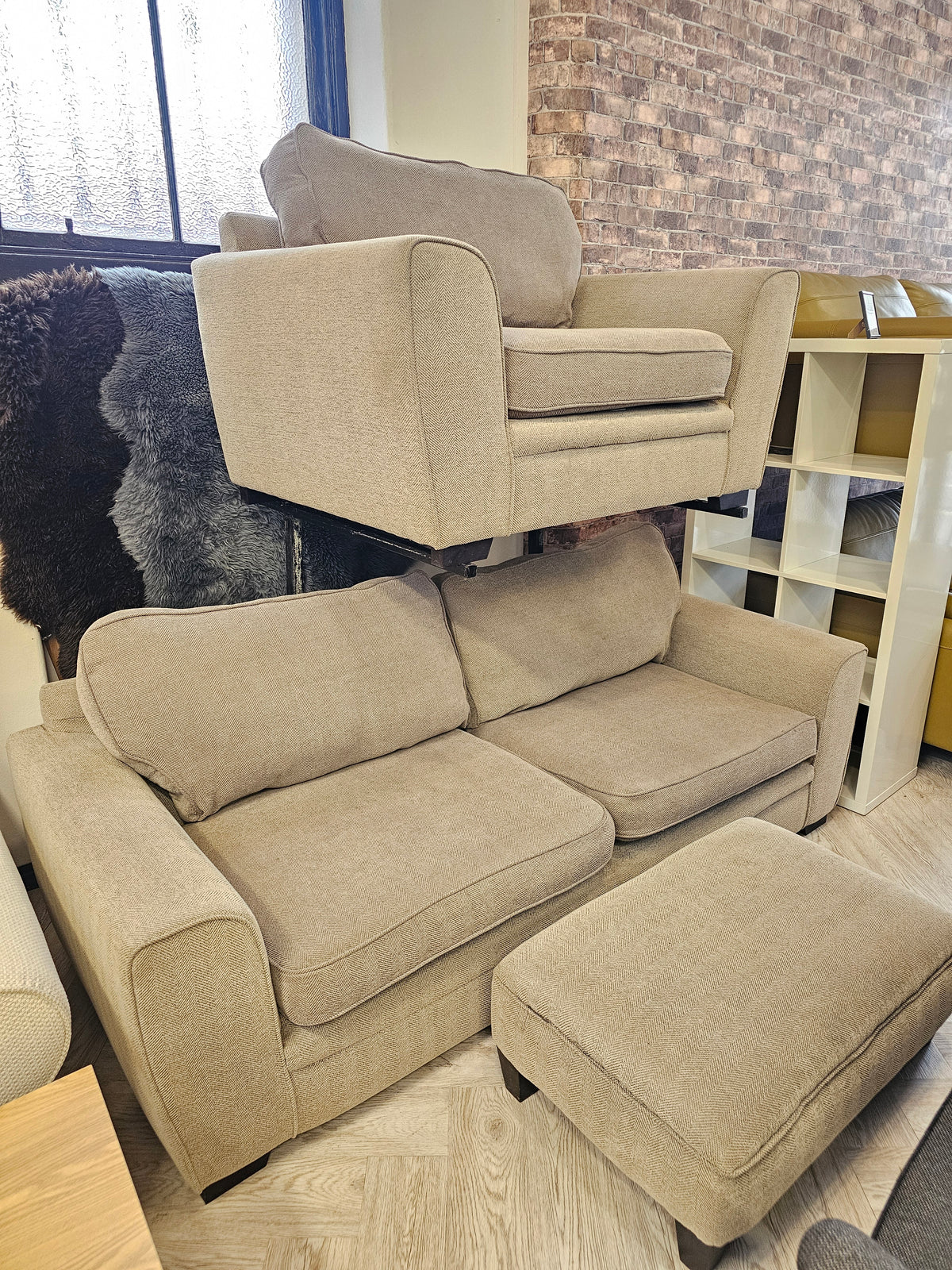 CLEARANCE Sofology Chalfont 3 Seater Sofa, Chair & Footstool in Beige/Taupe @