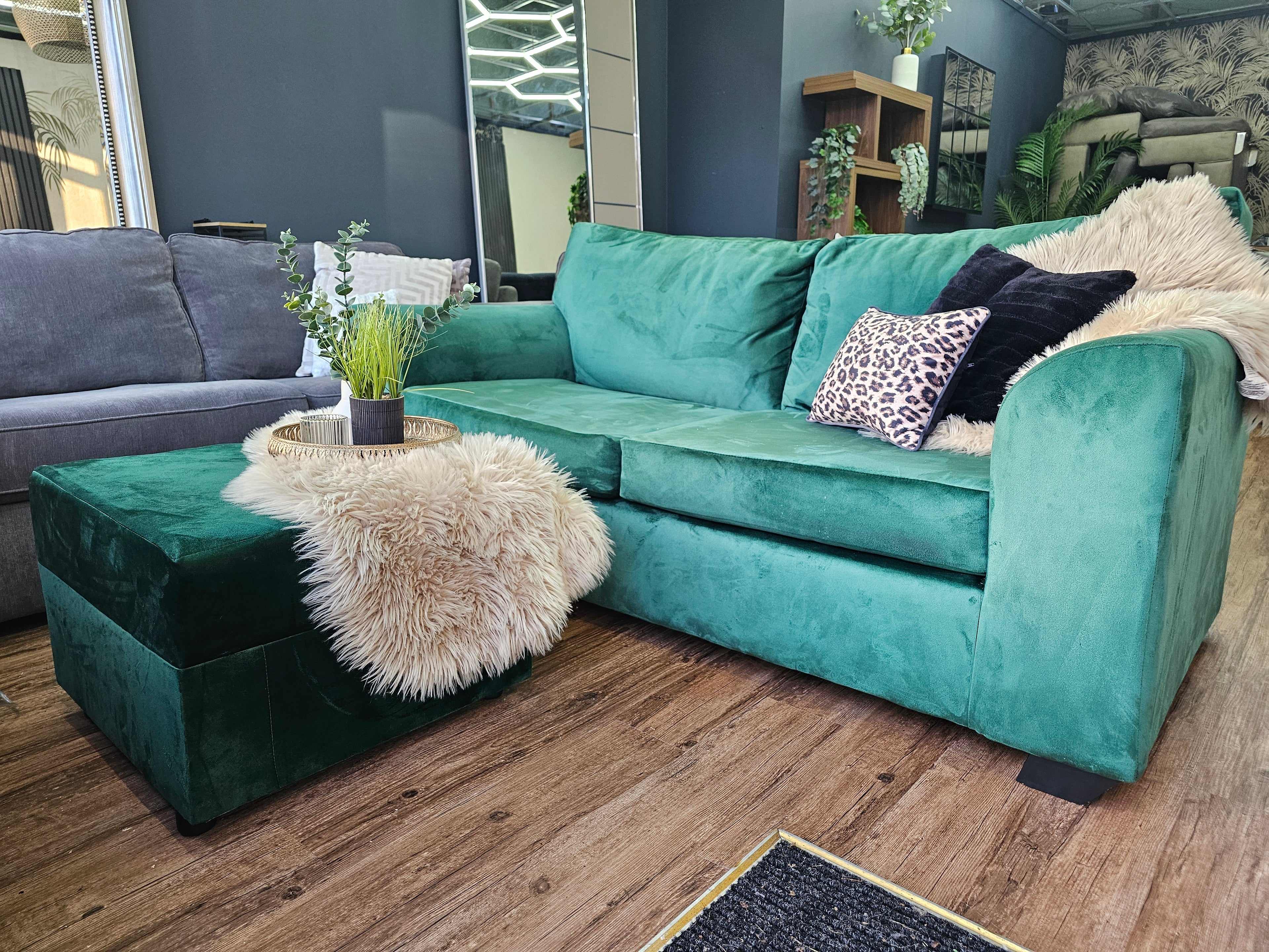 Emerald Green Velvet 2 Seater Sofa & Pouffe