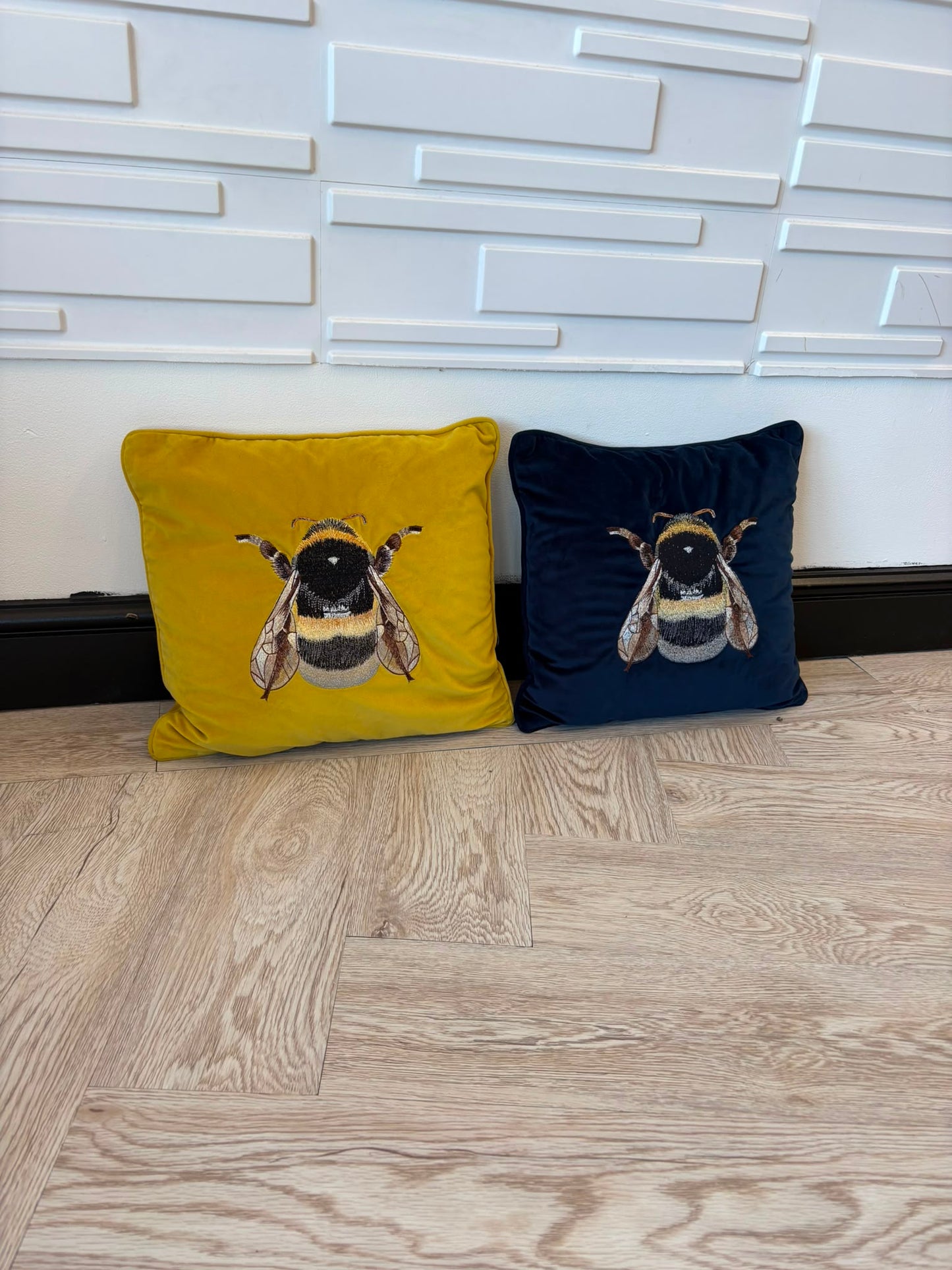 Dunelm Pair of Medium Contrasting Blue & Mustard Velvet Bumblebee Cushions 40cm by 40cm
