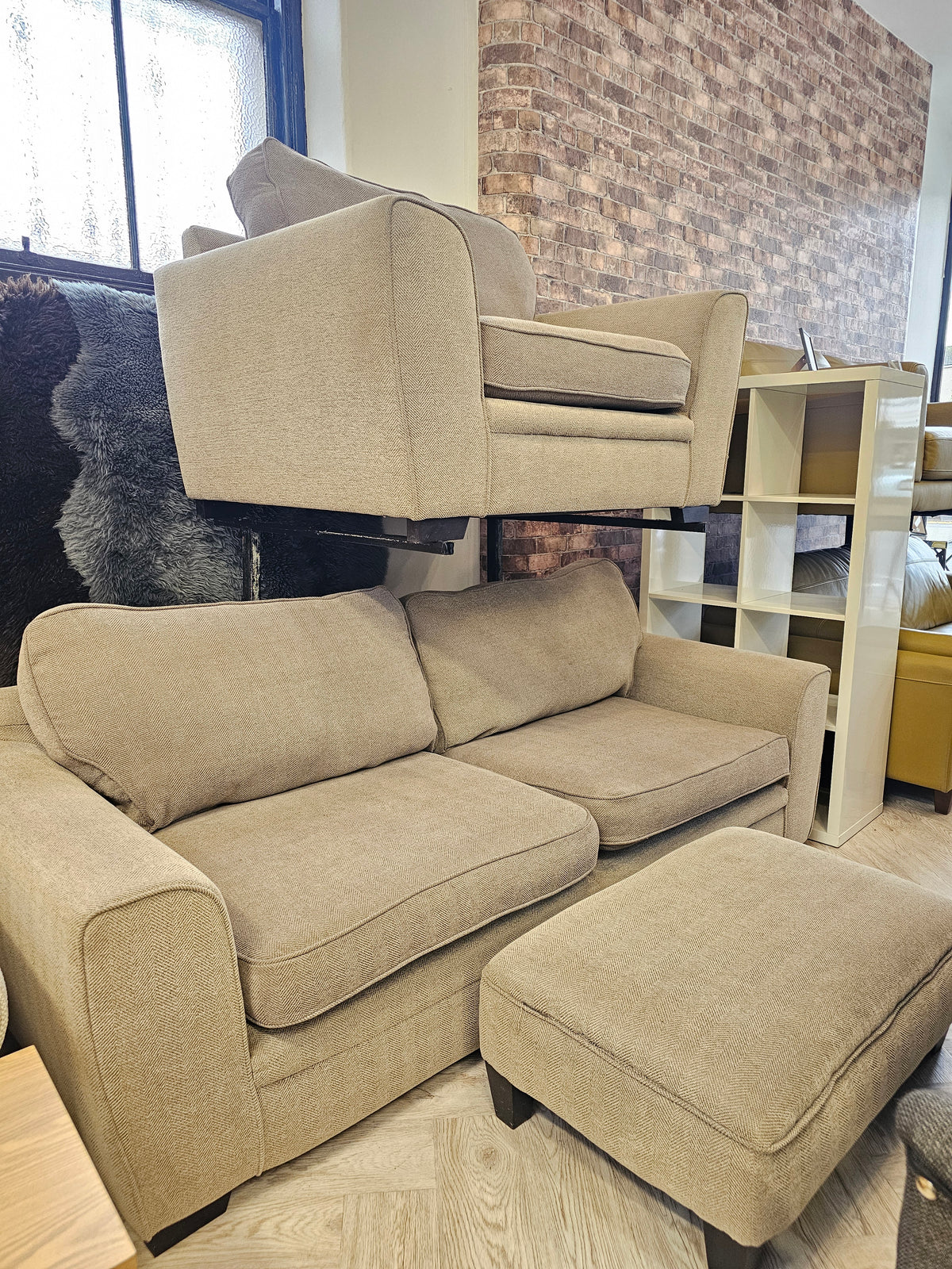 CLEARANCE Sofology Chalfont 3 Seater Sofa, Chair & Footstool in Beige/Taupe @