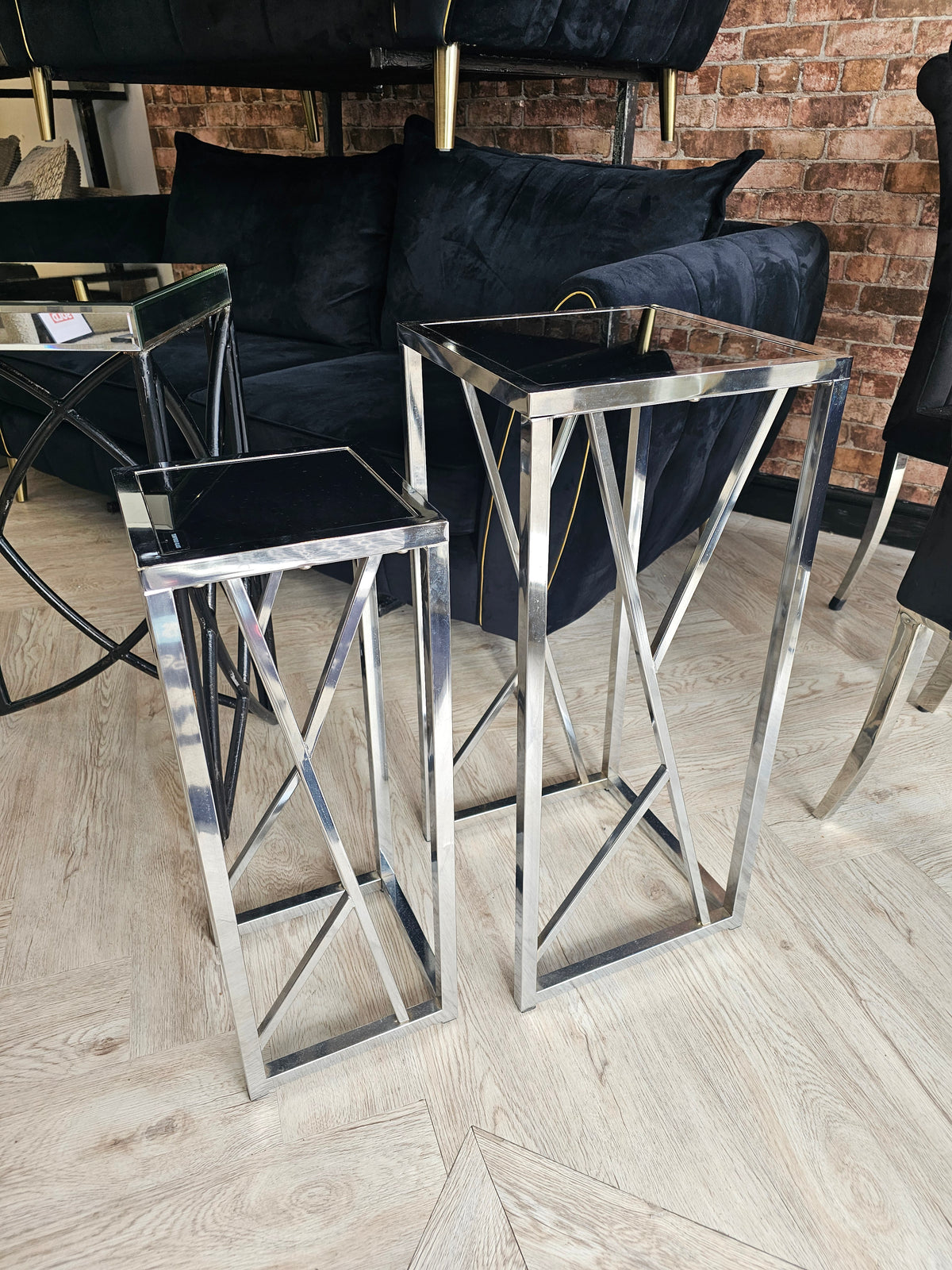 Tall Side Tables/ Plant Stands in Chrome & Black Glass @