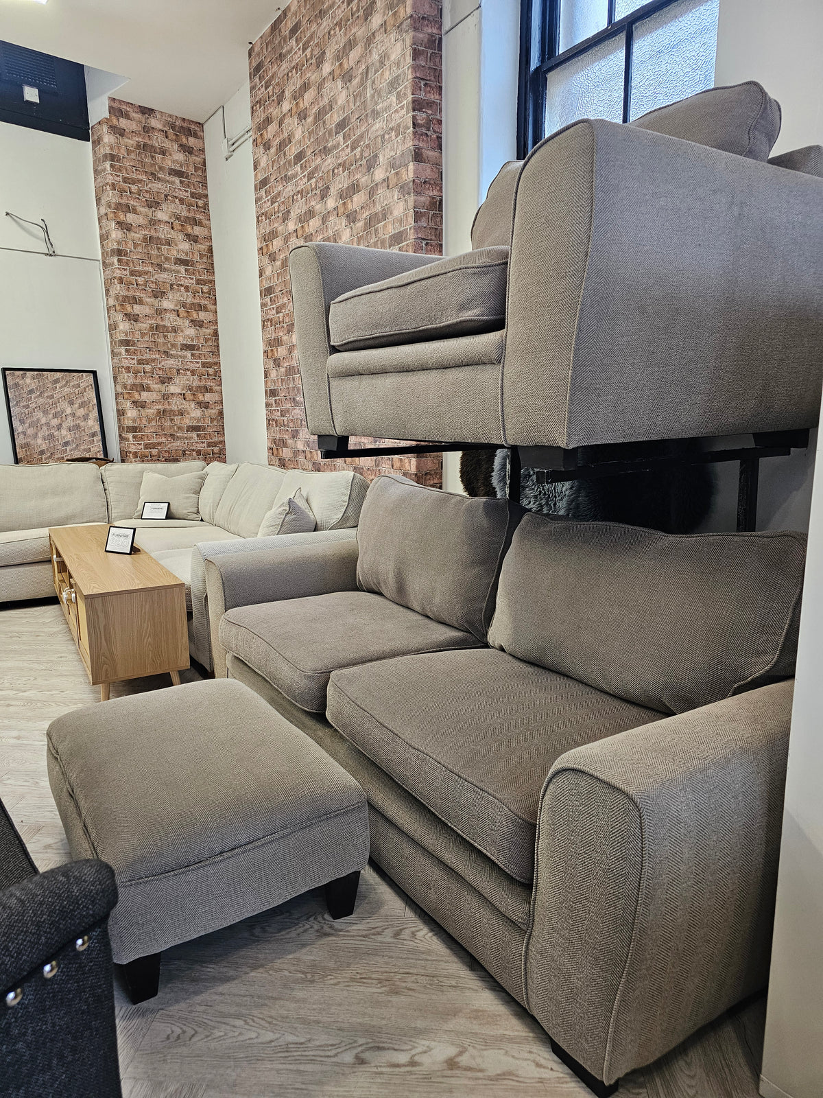 CLEARANCE Sofology Chalfont 3 Seater Sofa, Chair & Footstool in Beige/Taupe @
