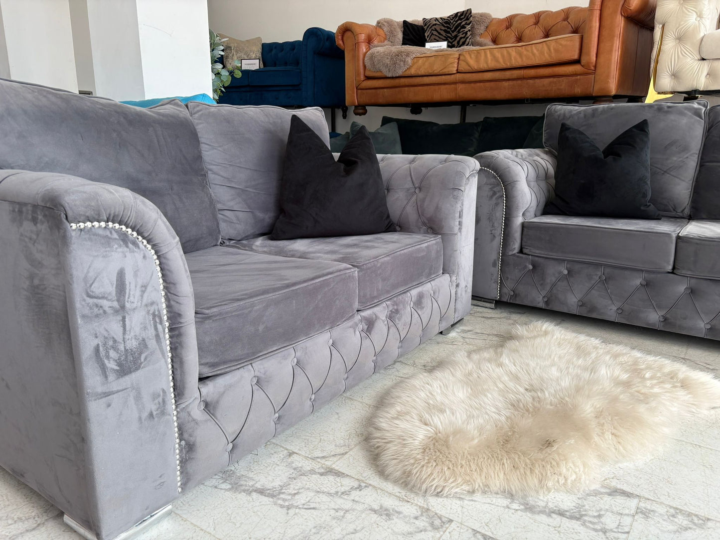 2 x 2 Seater Grey Velvet Chesterfield  Sofas
