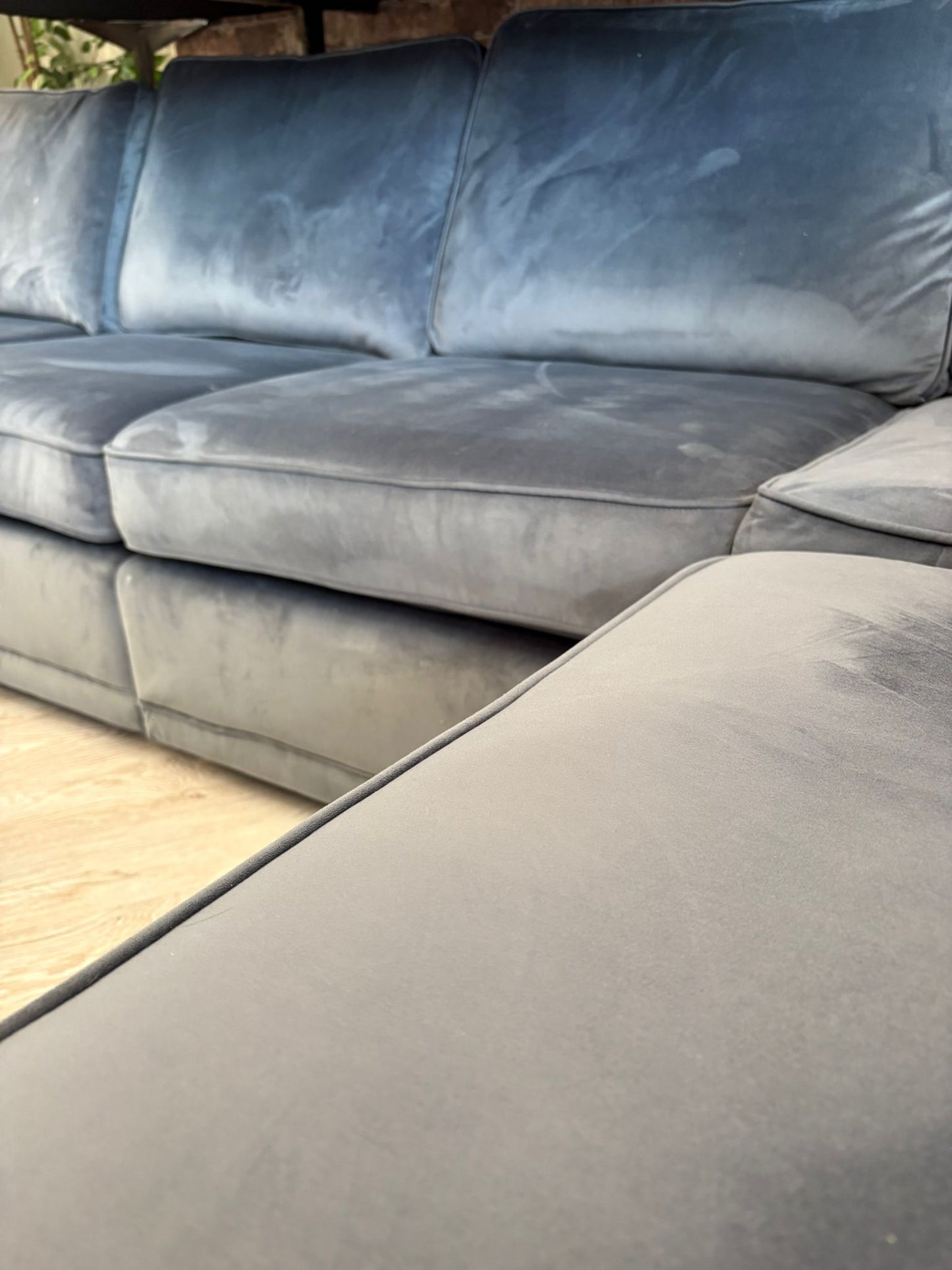 DFS Orka 4 Seater Corner Sofa in Sensual Velvet (Denim Grey/Blue Colour) #
