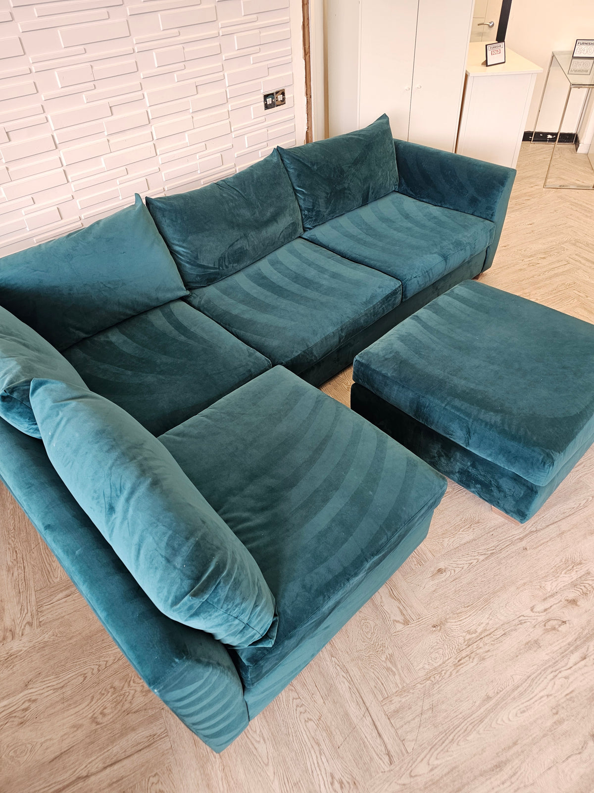 Teal Plush Corner Sofa & Footstool @#