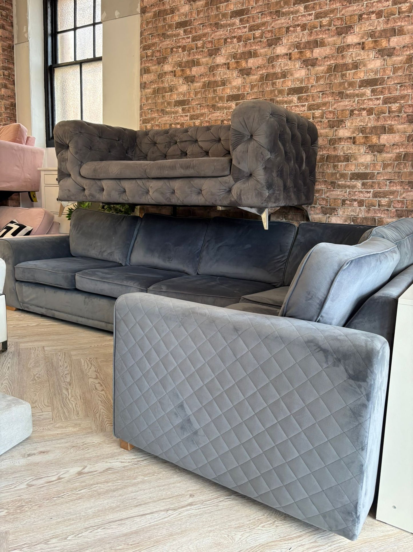 DFS Orka 4 Seater Corner Sofa in Sensual Velvet (Denim Grey/Blue Colour) #