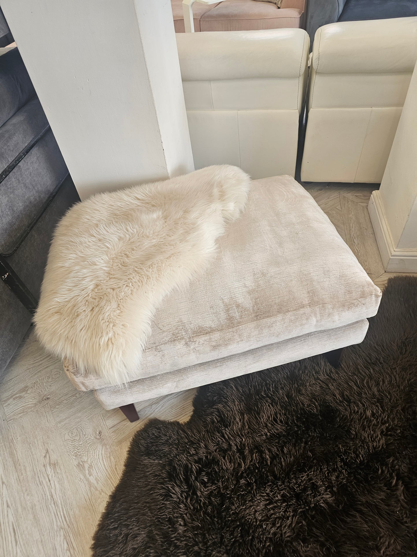 Large Champagne Chenille Footstool @