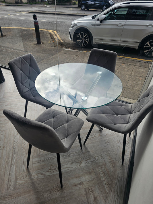 Circular Glass Dining Table & 4 Grey Fabric Chairs @#