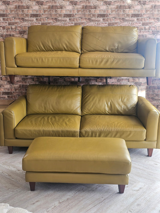 Olive Green Premium Italian Leather 2x3 Seater Sofas & Footstool *RRP £4000 @
