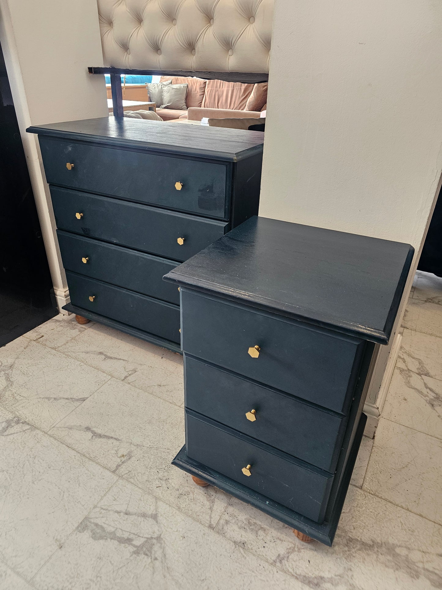 Painted Blue 4 Drawer Chest & 3 Drawer Bedside Chest A