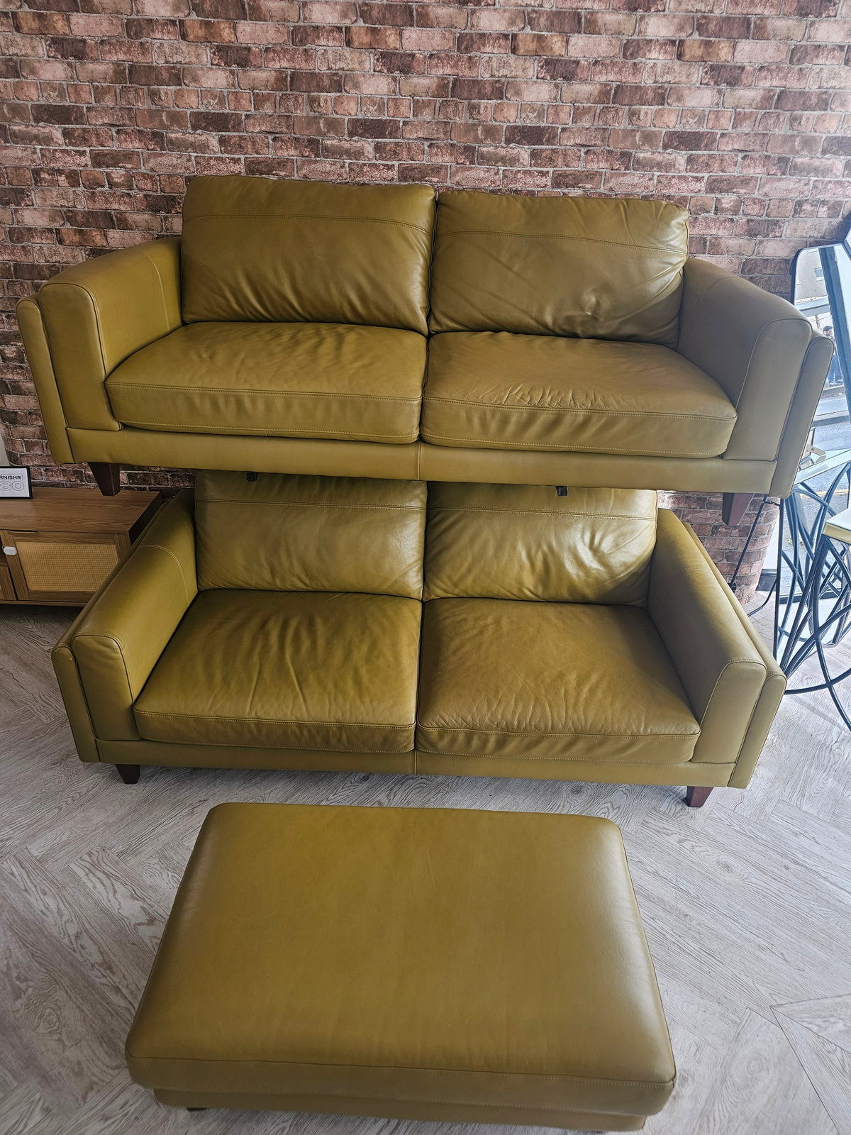 Olive Green Premium Italian Leather 2x3 Seater Sofas & Footstool *RRP £4000 @