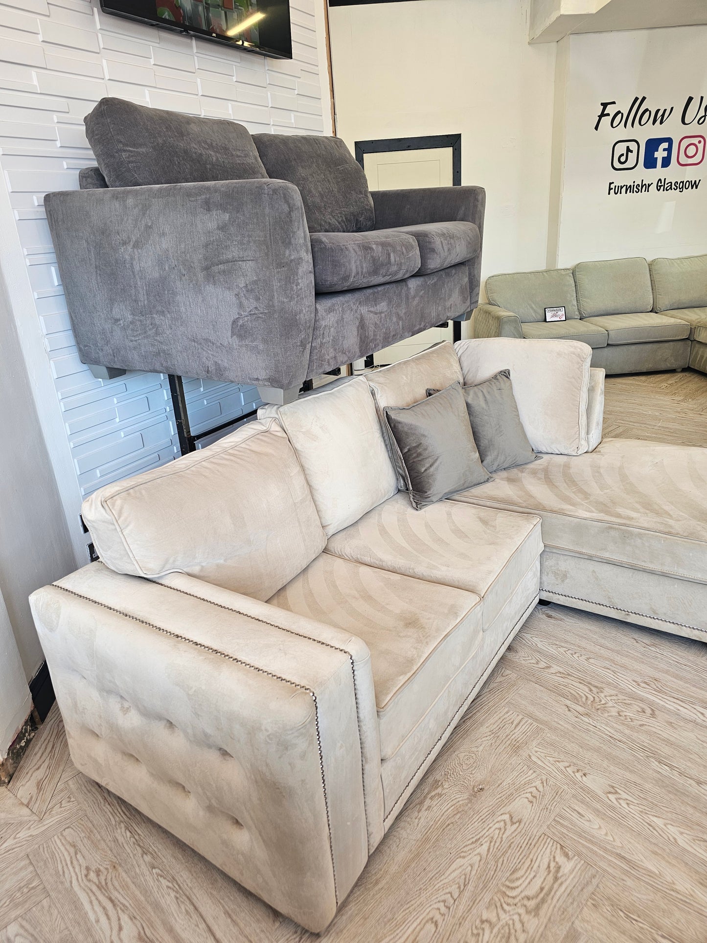 Cream Velvet Corner Sofa (Firm Seats)@