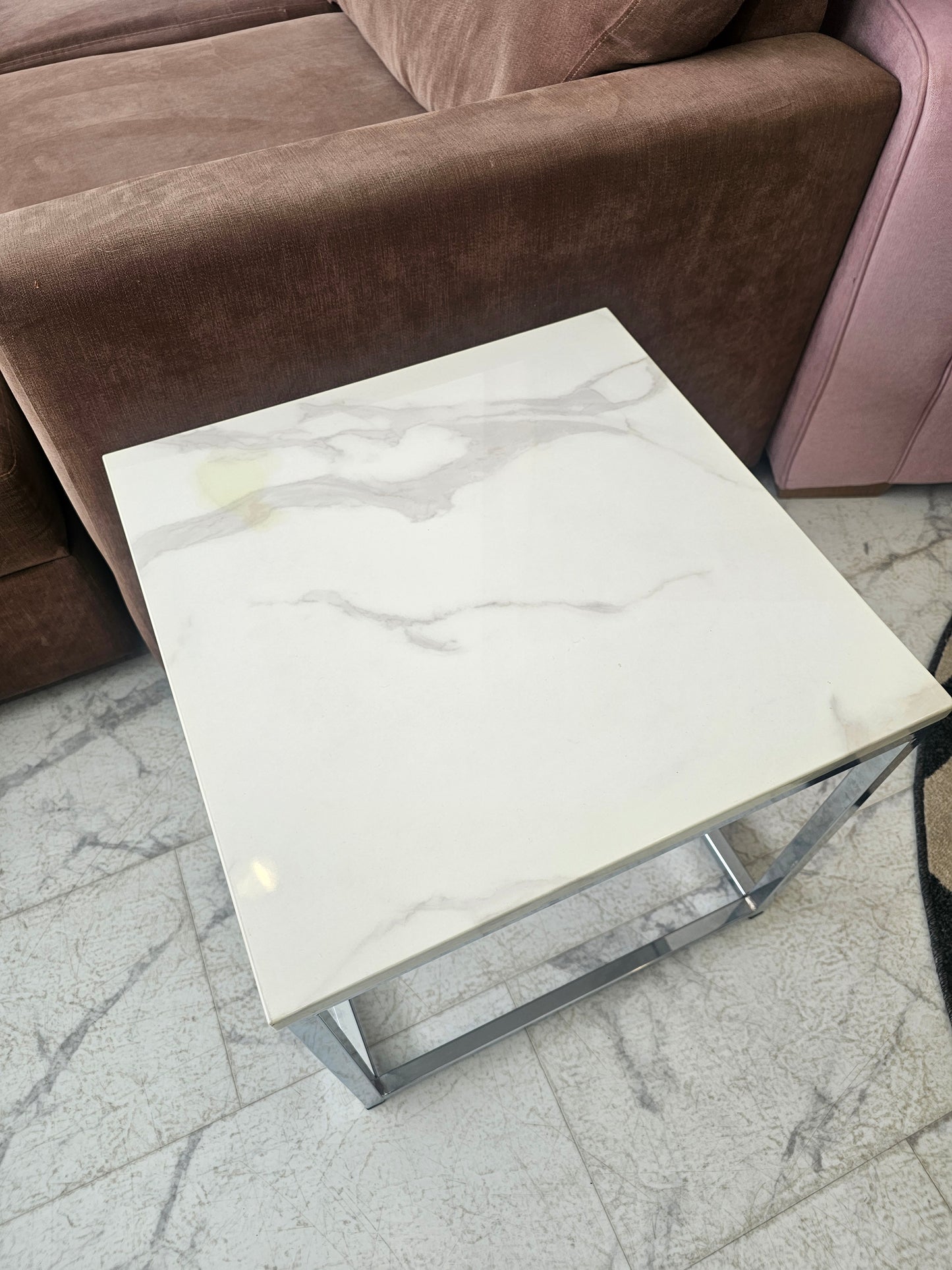 Marble Effect & Chrome Side Table (stain in corner)