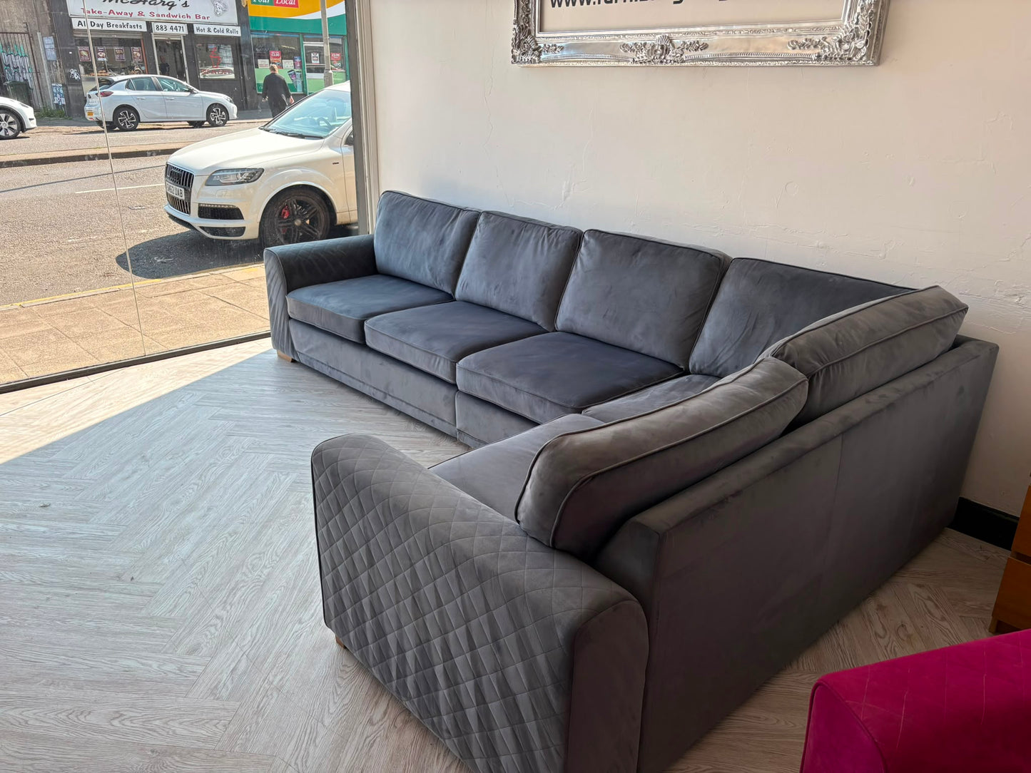 DFS Orka Large Corner Sofa, with removable extra section, in Denim Blue Sensual Velvet #