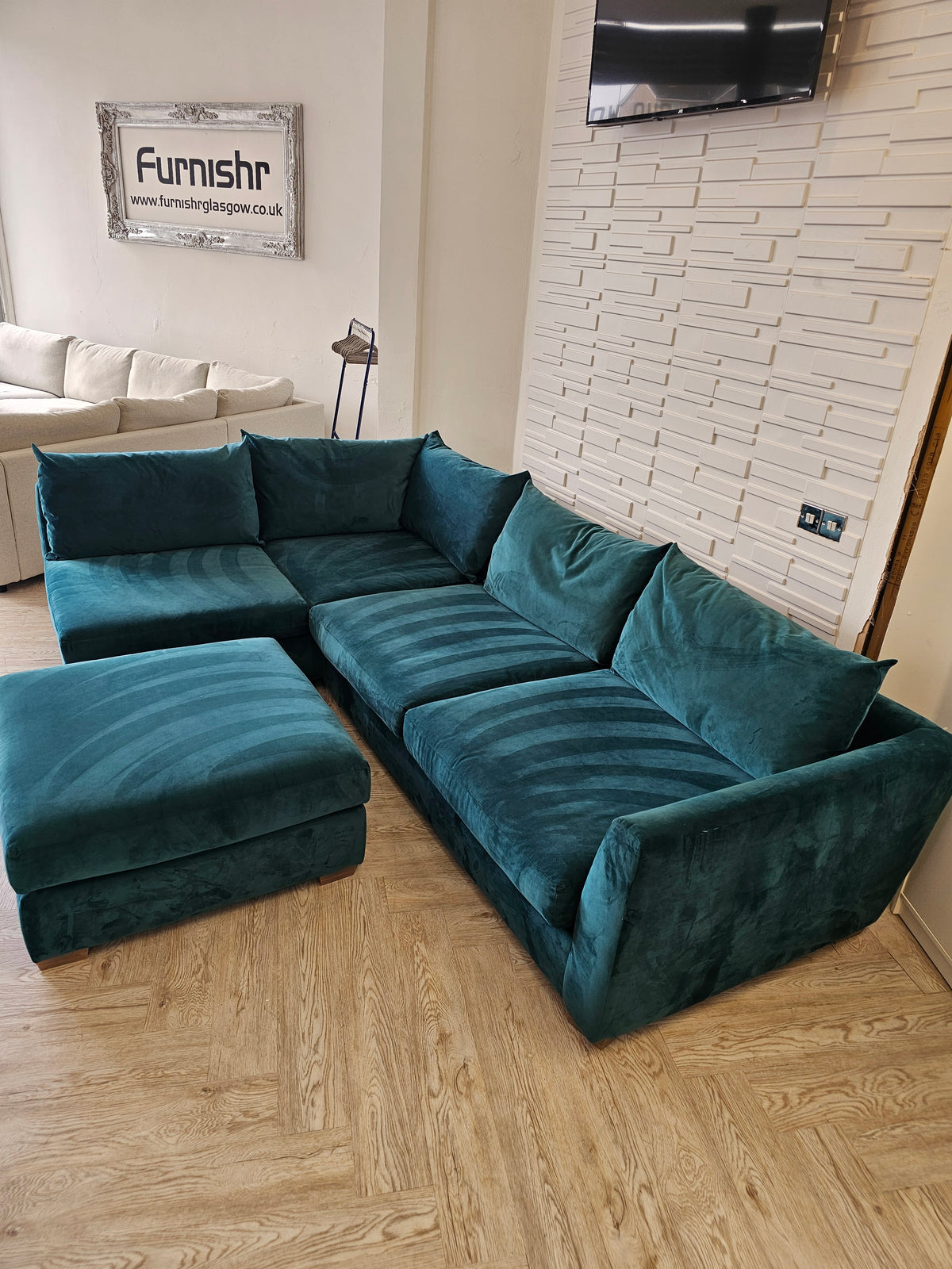 Teal Plush Corner Sofa & Footstool @#