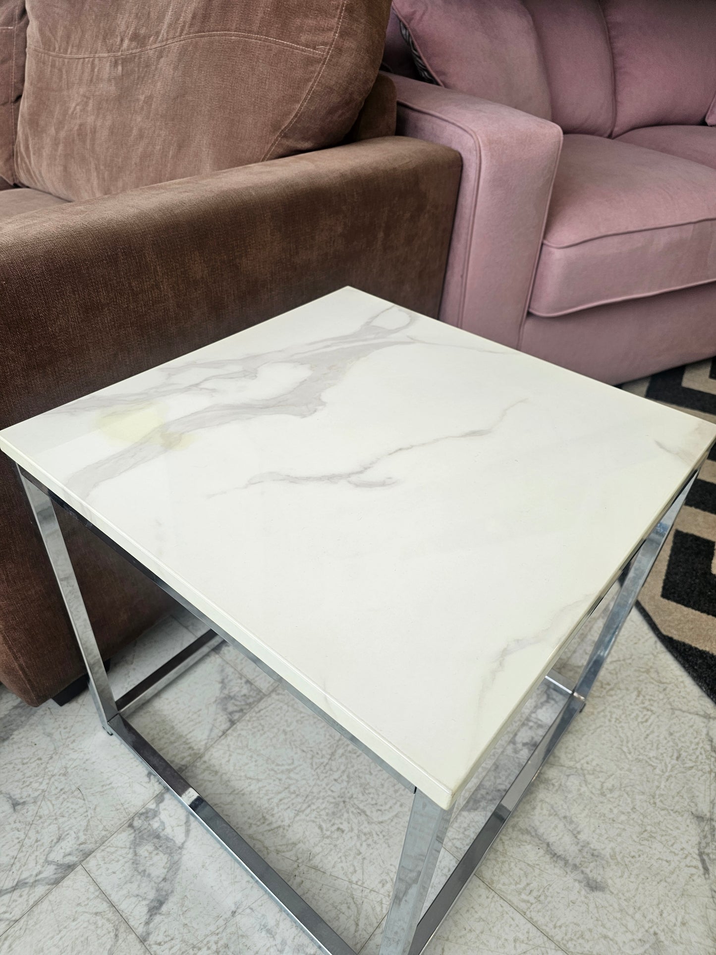 Marble Effect & Chrome Side Table (stain in corner)