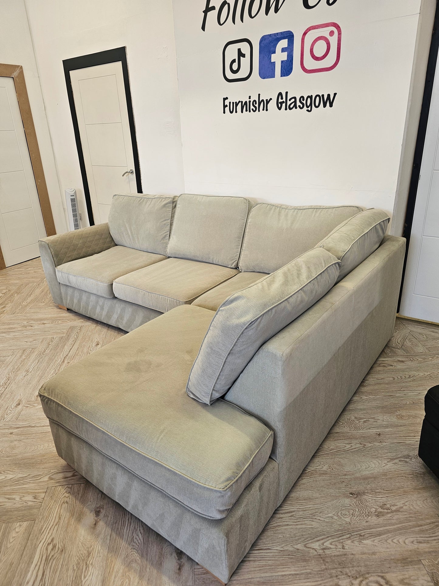 DFS Greige Orka Corner Sofa (minor imperfections hence lower price)@