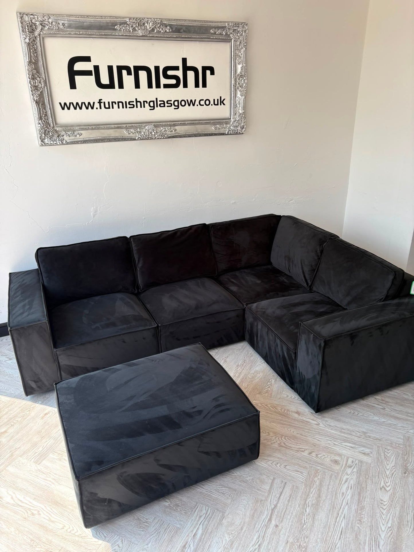 DUSK Black Plush Velvet Corner Sofa & Footstool #