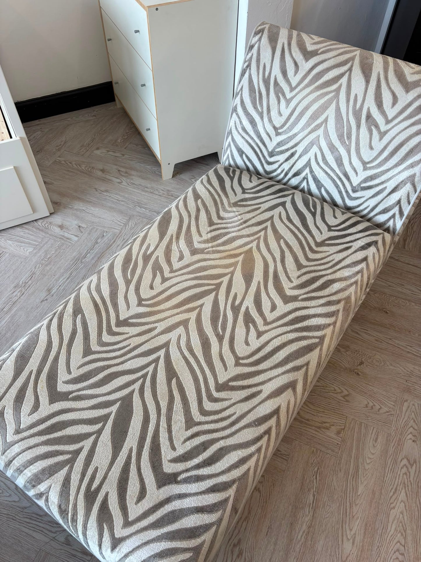 DFS Madagascar Zebra Print Chenille Chaise (cleaning required hence lower price)@