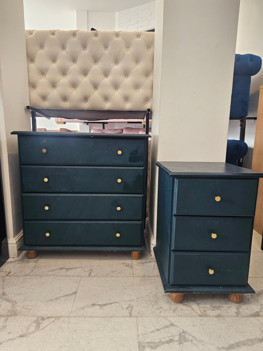 Painted Blue 4 Drawer Chest & 3 Drawer Bedside Chest A