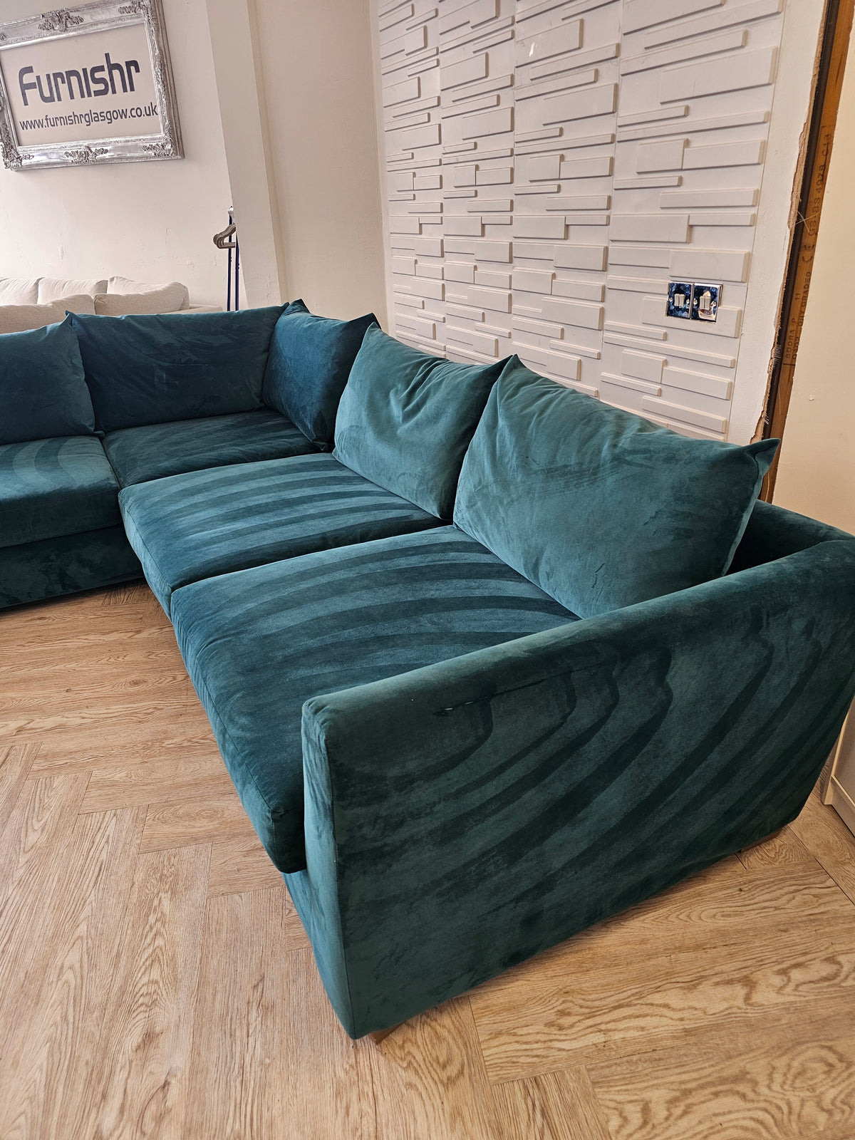 Teal Plush Corner Sofa & Footstool @#