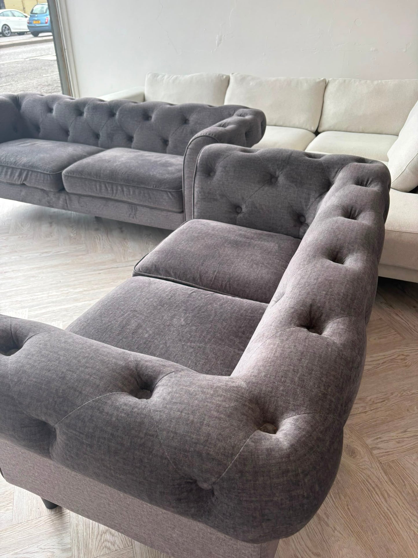 Dusk Grey Soft Fabric Chesterfield 3 & 2 Seater Sofas @